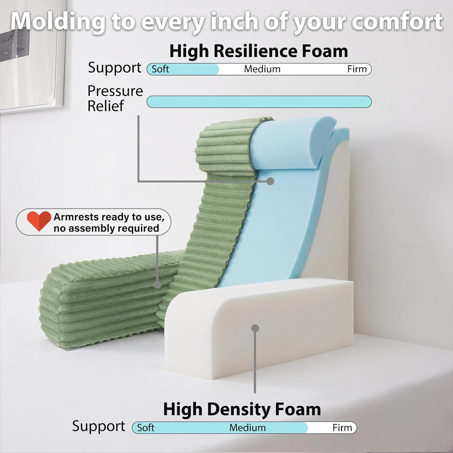 Detalle de ENITYA TR-BS 22" XL Reading Pillow, Dual-Layer Foam, Sage Green
