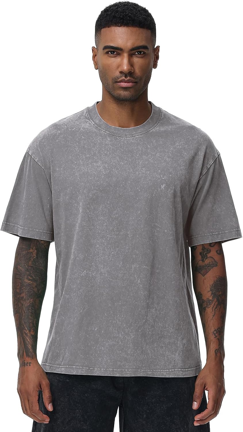 Detalle de SnowElve Men’s Oversized Cotton T-Shirts Loose Fit Vintage Washed Tee (Unisex Short Sleeve)