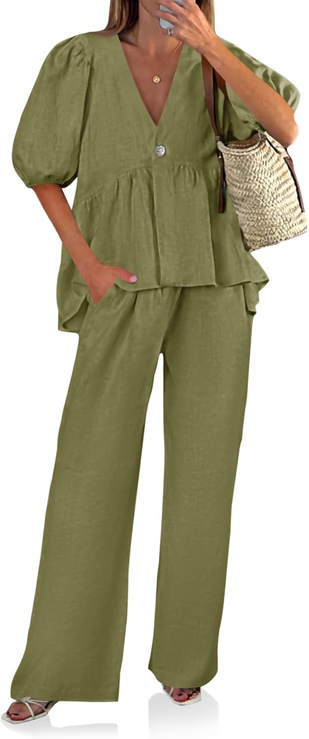 Detalle 2 de Tankaneo Women's 2-Piece Linen Sets: V-Neck Puff Sleeve Babydoll Top & Wide Leg Pants