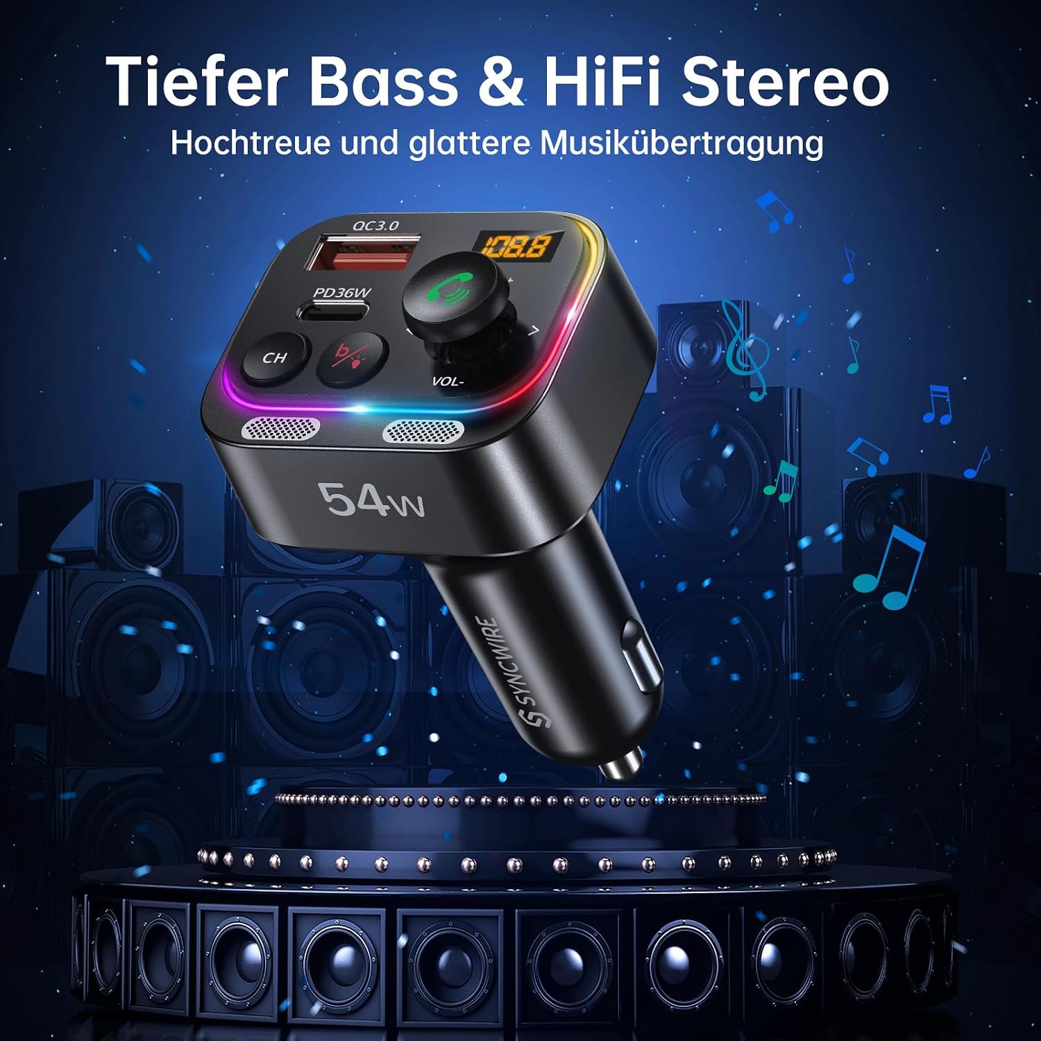 Thumbnail 5 de Syncwire Bluetooth 5.4 FM Transmitter Auto Ladegerät 54W PD & QC3.0 – Freisprechanlage mit Dual-Mikrofonen, LED-Display und HiFi-Bass