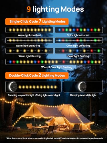 Detalle de ACSO Camping String Lights: 32.8ft USB-C Rechargeable Fairy Lights with 9 Modes