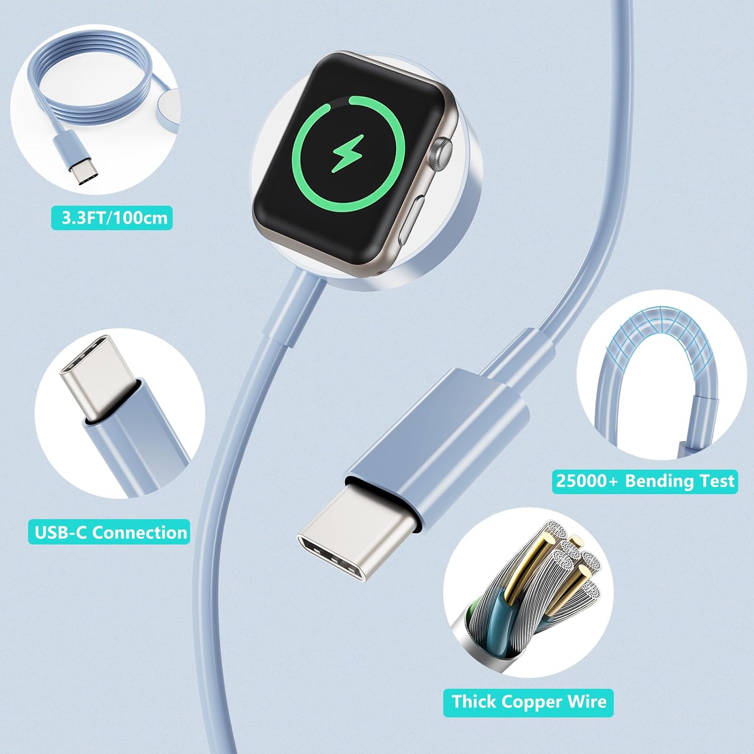 Thumbnail 6 de Upgraded 2 Pack for Apple Watch Charger USB C Cable – Magnetic, MFi Certified, 100cm (Blue)