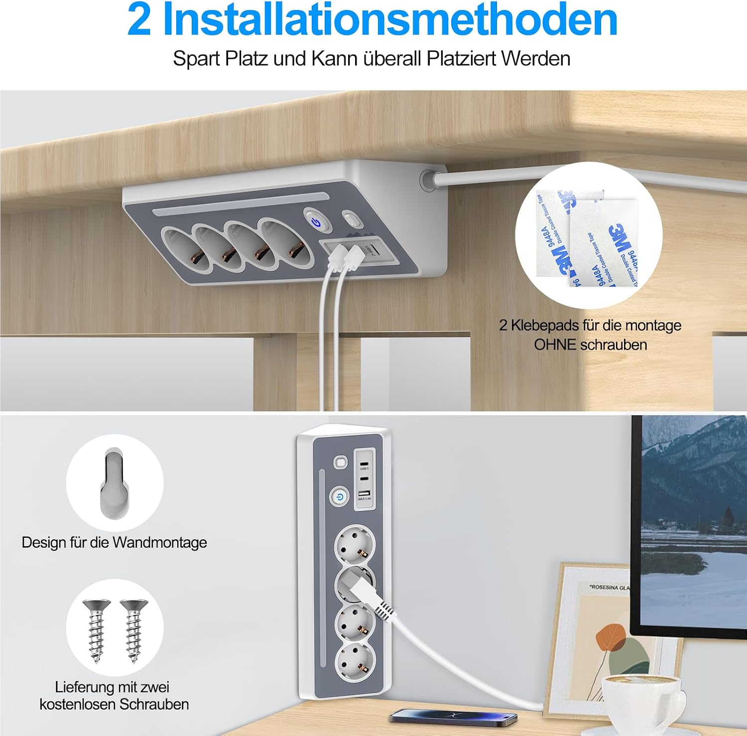 Detalle de Steckdosenleiste mit 2 USB-C, 4-fach Flachstecker und Überspannungsschutz – kompakt & flexibel