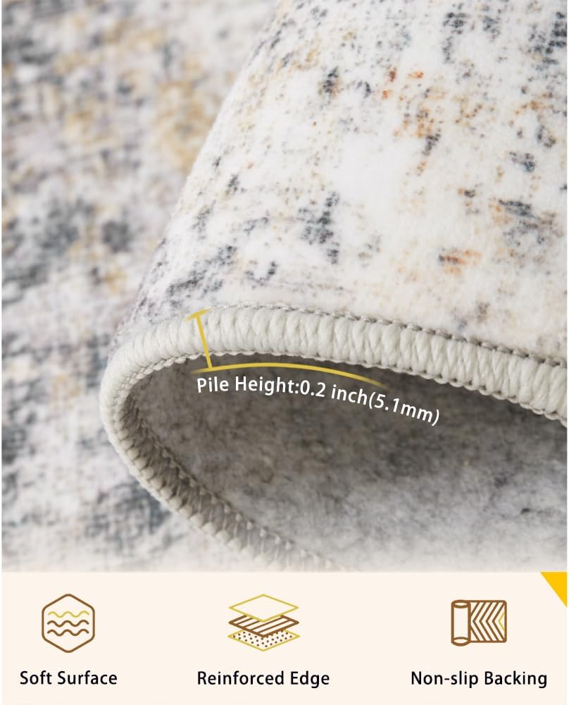 Detalle de Area Rug 8x10 Washable Rug in Grey and Beige — Non-Slip, Low-Pile Vintage Print for Living Room, Dining, and Bedroom