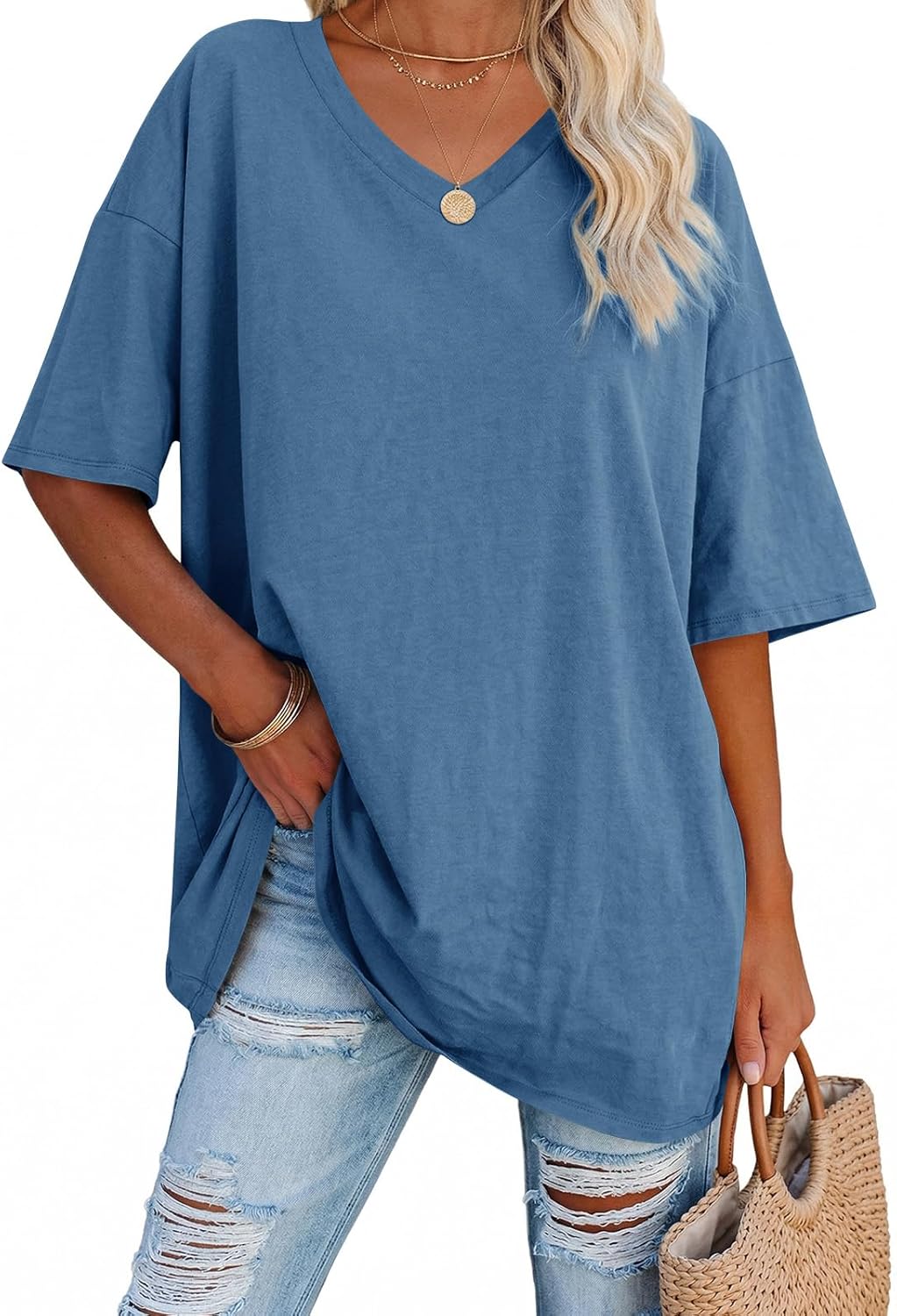 Thumbnail 2 de Ebifin Damen Oversize V-Ausschnitt T-Shirt – lockeres Basic Sommer-Top