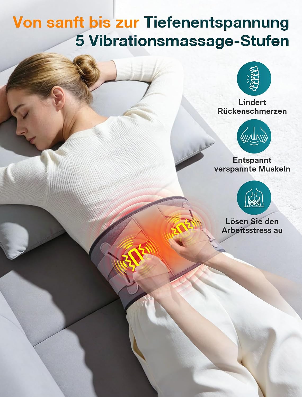 Detalle de ALLJOY 170 cm Wärmegürtel für den Rücken mit Heizkissen, kabellosem Massagegerät (5 Vibrationsmodi, 3 Wärmestufen, 5000 mAh)