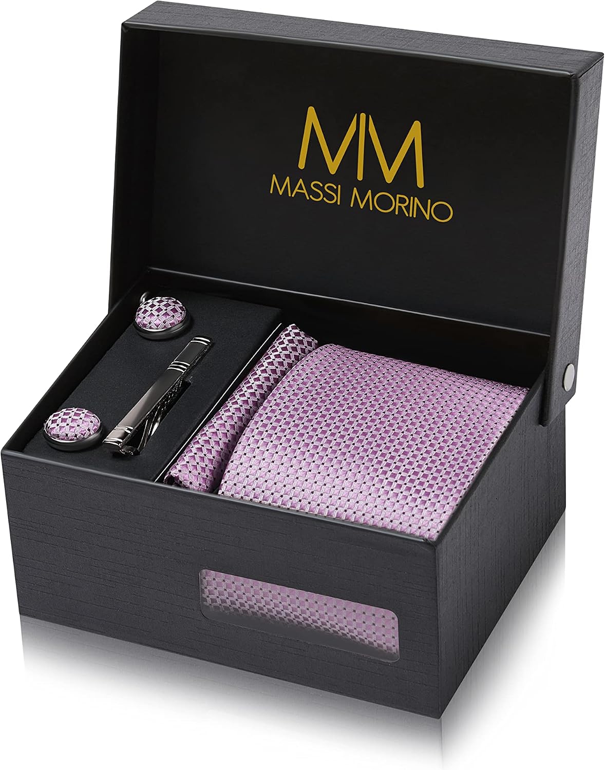 Detalle de Coffret cravate homme Massi Morino Morino 5-en-1 (cravate, mouchoirs, boutons de manchette et pince à cravate)