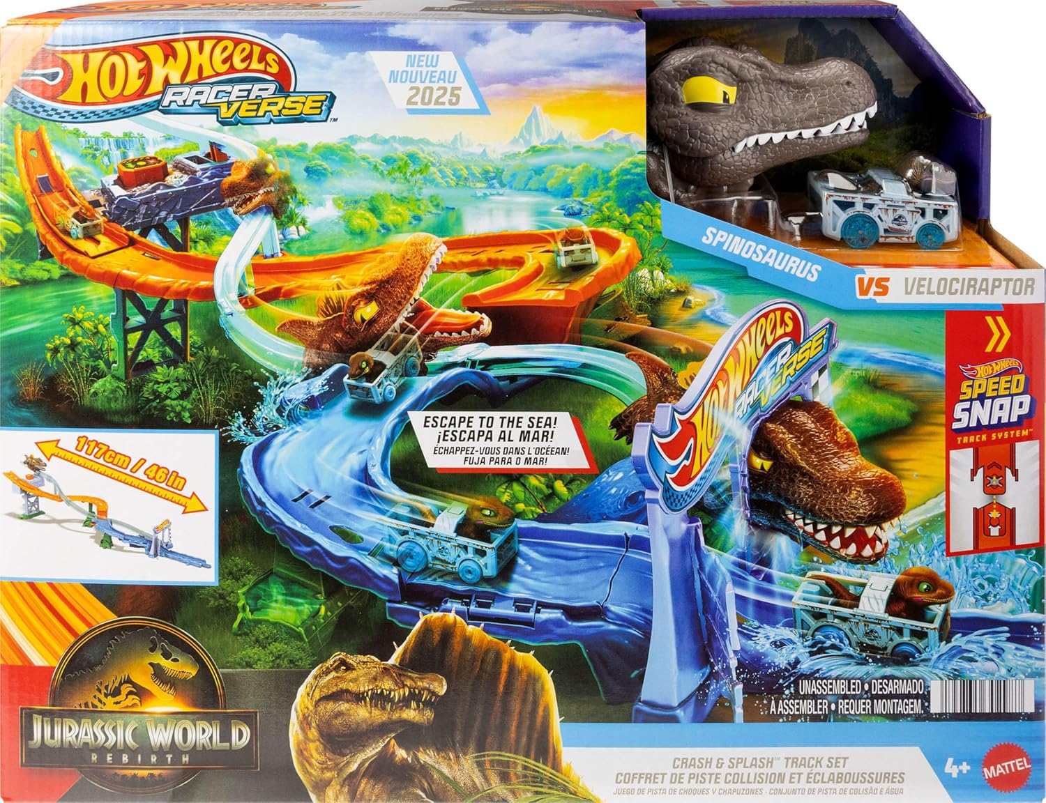 Detalle 2 de Hot Wheels Coffret Carambolages et Collisions RacerVerse Jurassic World avec piste et véhicule miniature (JFP32)