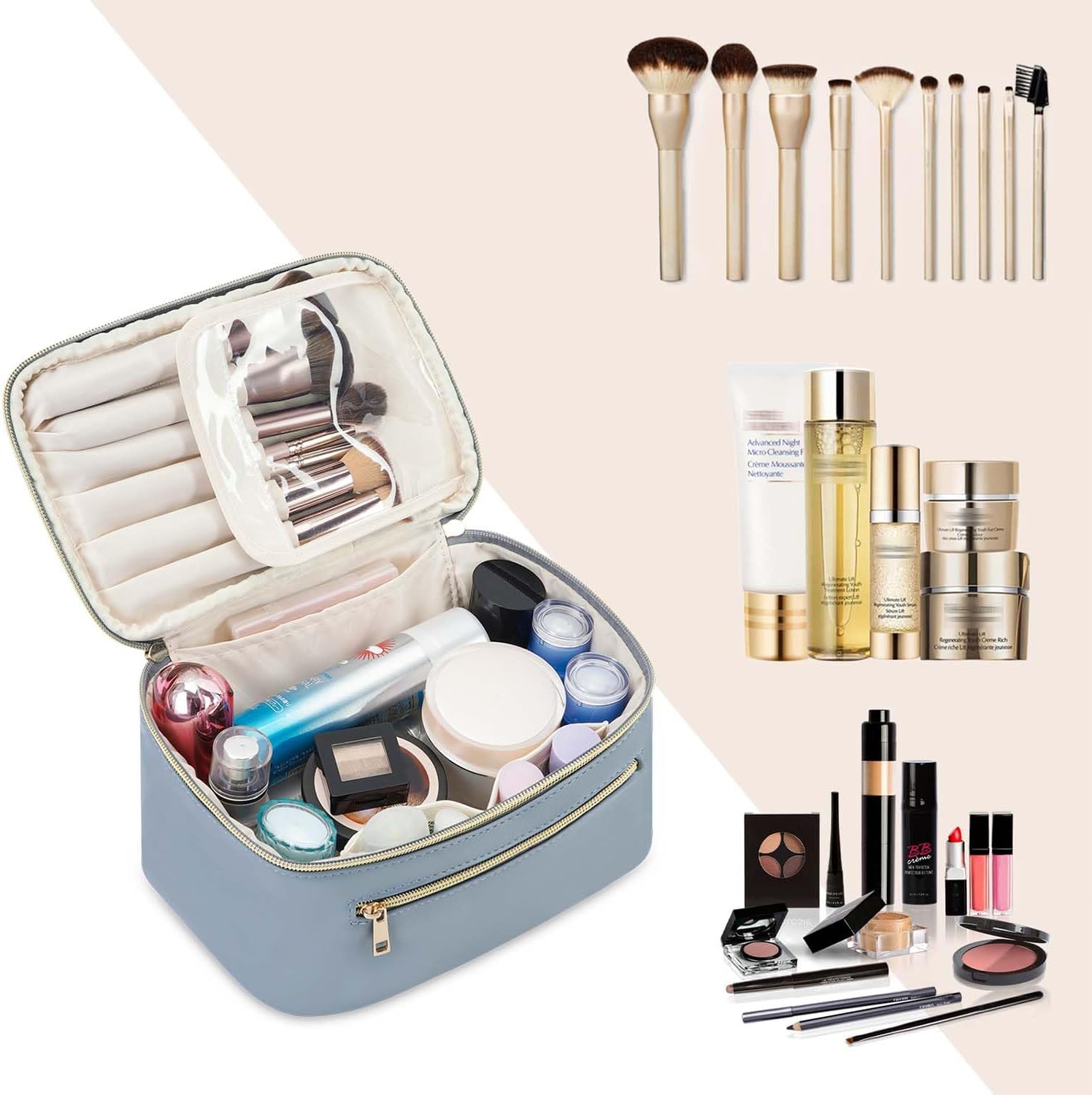 Detalle 2 de Wandering Nature Travel Makeup Bag with Brush Compartment (Greyish Blue) – PU Vegan Leather Case with Handle