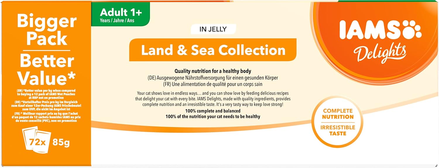 Thumbnail 1 de IAMS Delights Land & Sea Collection: alimento umido in gelatina per gatti adulti – 72 x 85 g