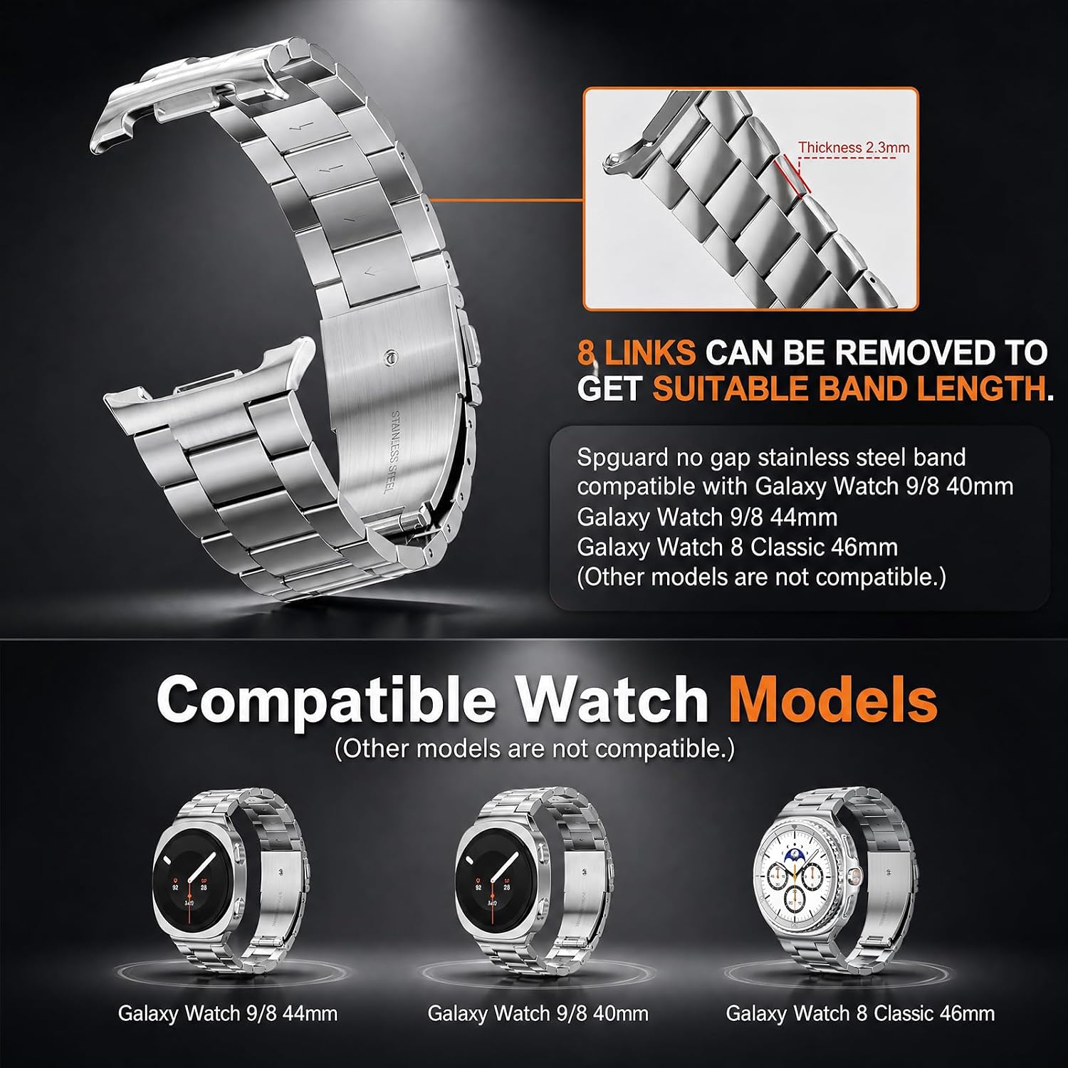 Detalle de SPGUARD Metal Band for Samsung Galaxy Watch 9/8, Stainless Steel, No-Gap Design