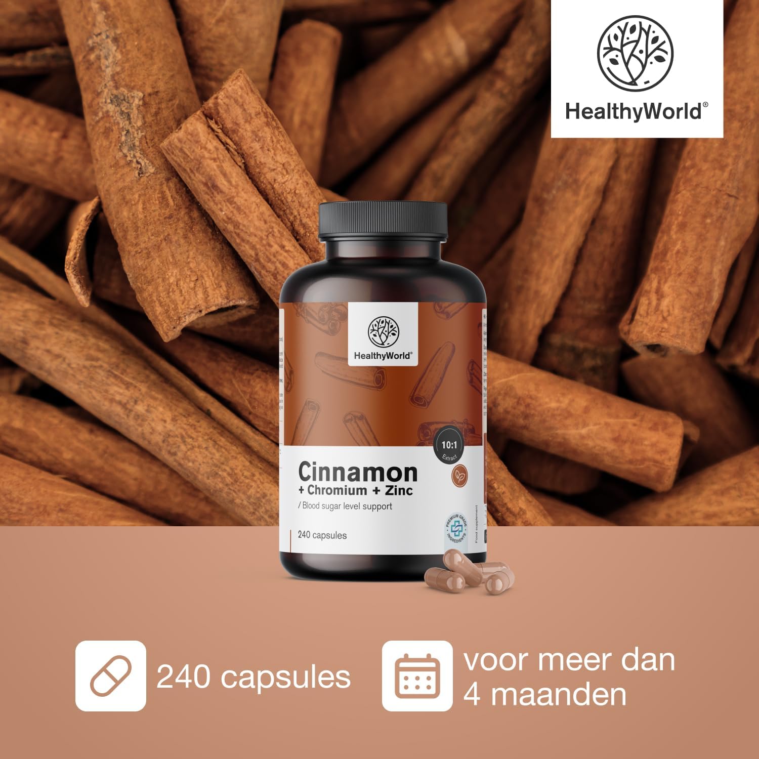 Detalle 2 de HealthyWorld Kaneel met Chroom en Zink capsules, 240 stuks, vegetarisch