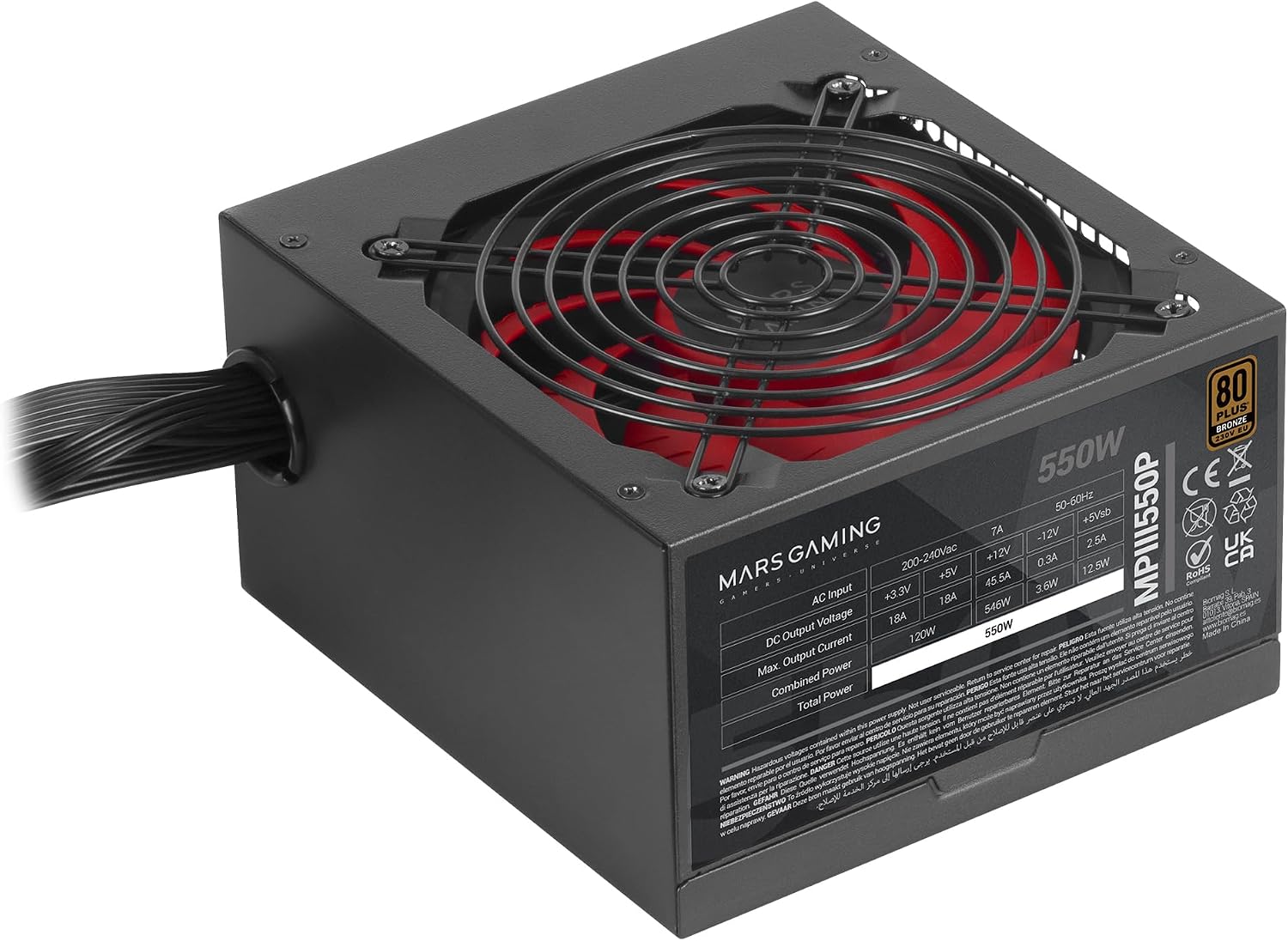Detalle de Mars Gaming MPIII550P ATX Power Supply, 550W, 85% Efficiency, Flat Cables