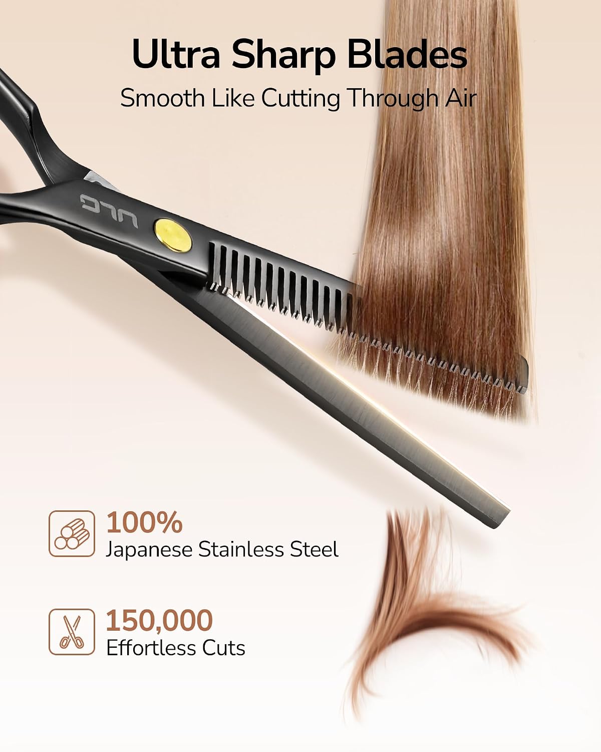 Detalle de ULG 16.5 cm thinning shears (Japanese stainless steel) – Ultra sharp barber scissors for right-hand use – Black