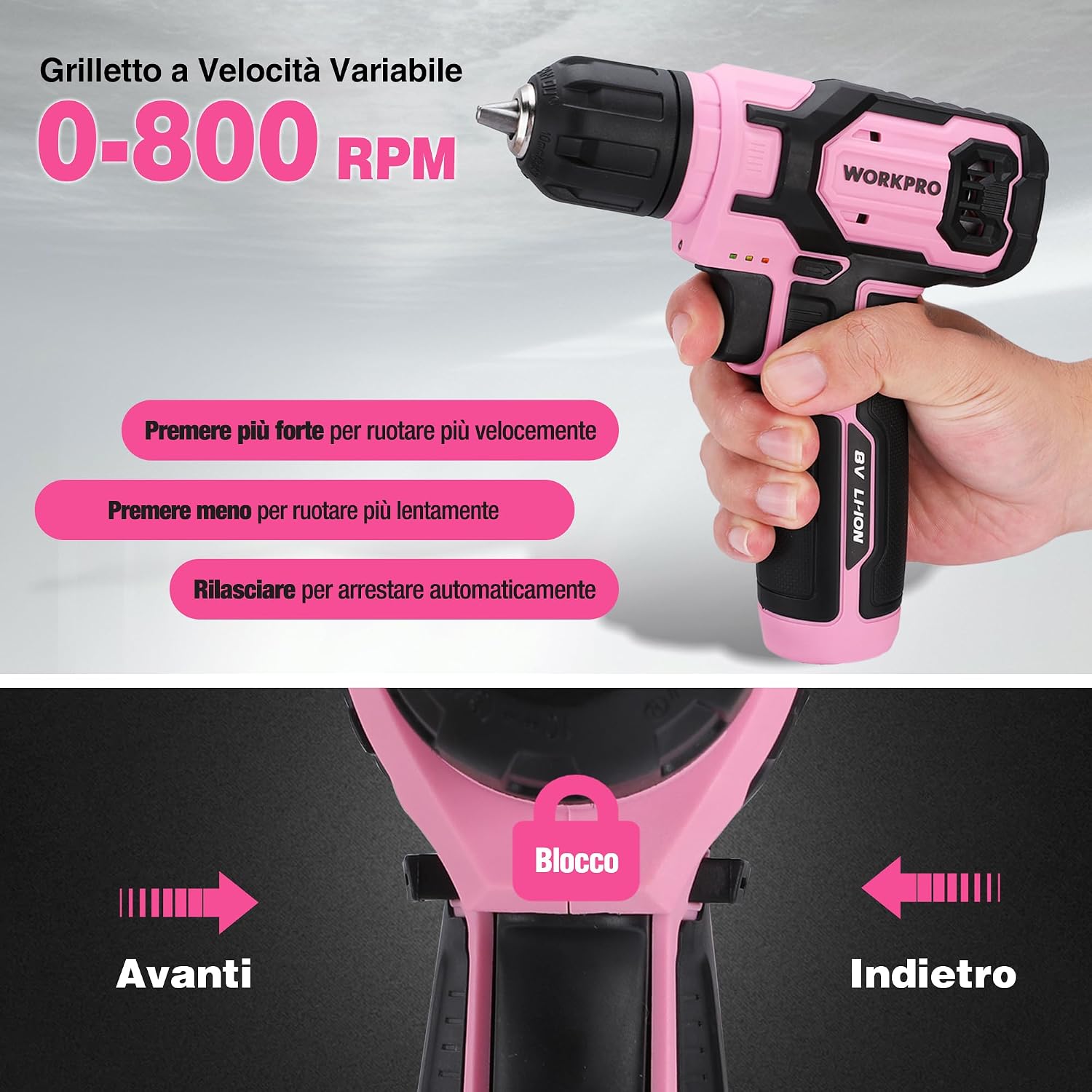 Thumbnail 5 de WORKPRO cacciavite elettrico a batteria 8V (21 accessori) con velocità variabile e LED rosa