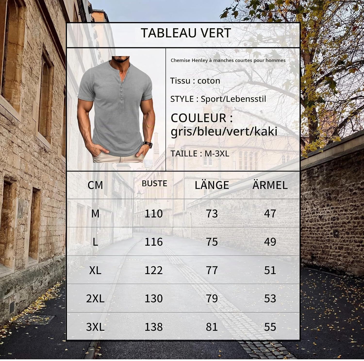 Detalle 1 de LAOARA T-shirt voor heren, katoenen Henley met korte mouwen, Tunesische kraag, M-3XL