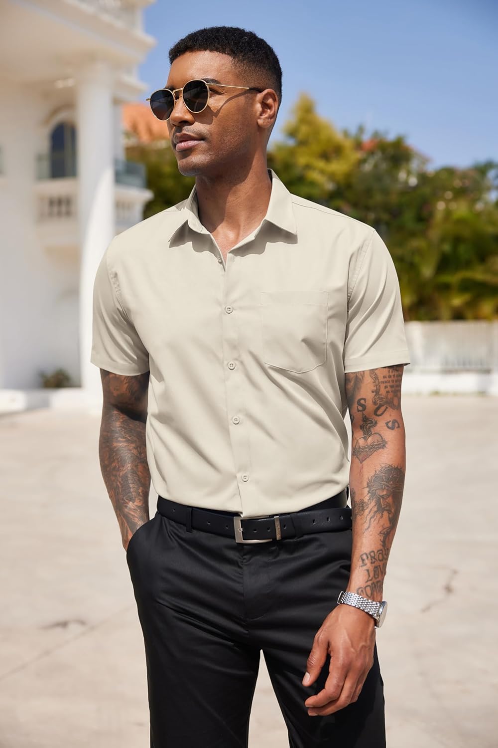 Thumbnail 3 de COOFANDY chemise homme manches courtes d’été, couleur unie avec poche (coupe régulière)