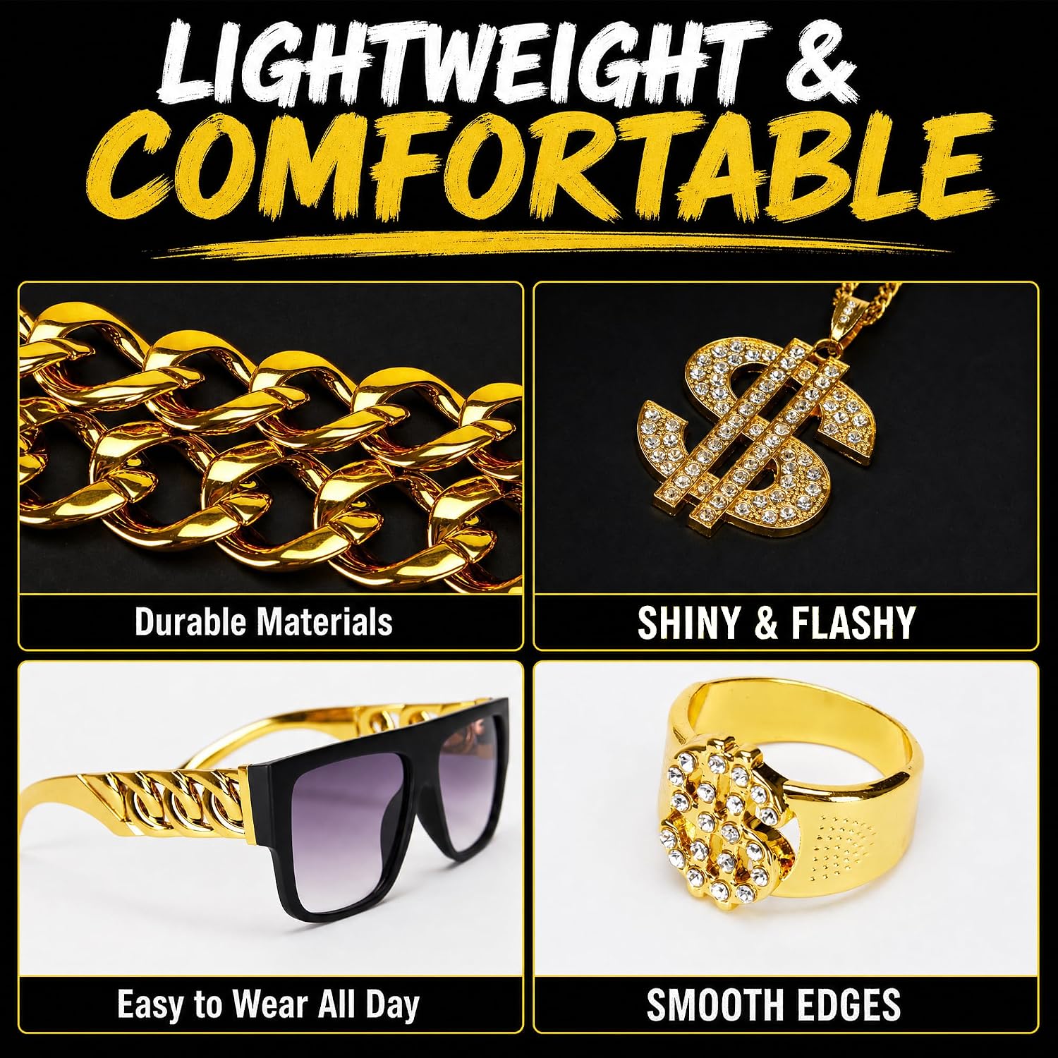 Detalle 2 de Hip Hop Costume Kit – Gold Chain, Dollar Sign Necklace & Accessories