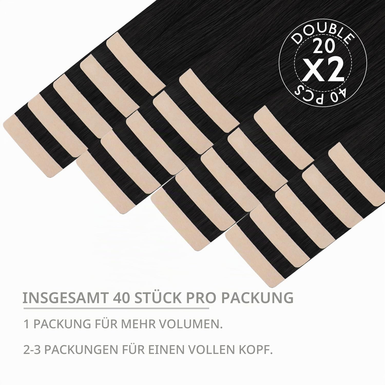 Detalle 2 de WENNALIFE Tape Extensions Echthaar – Tiefschwarz, 40 Stück, 30 cm