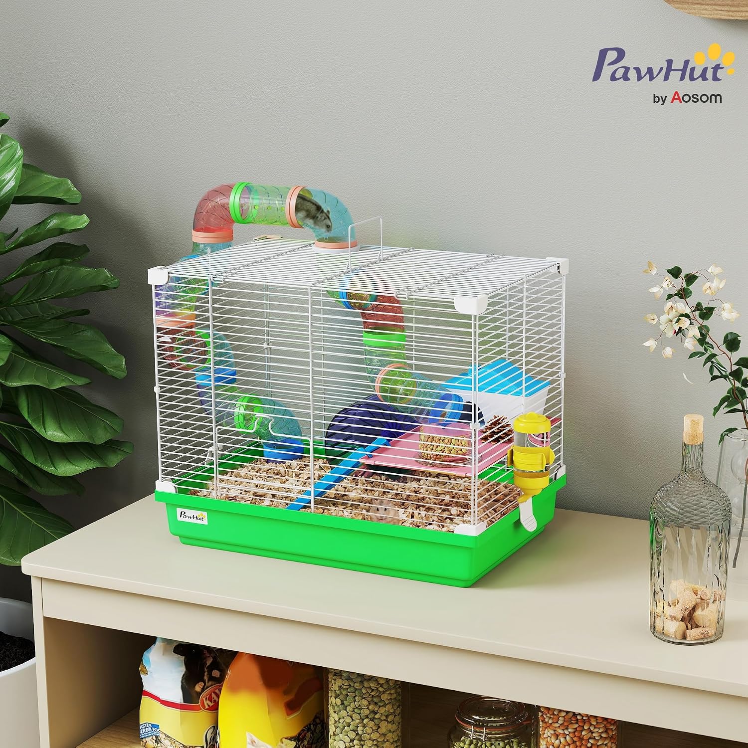 Detalle de PawHut Cage à hamster rongeur 2 niveaux avec tunnel, roue et maisonnette (46 x 30 x 37 cm) – Vert
