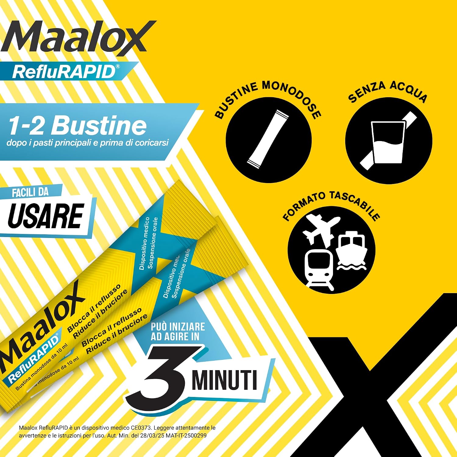 Detalle de Maalox Reflurapid Blocca il Reflusso Gastroesofageo – 40 Bustine Menta, senza glutine e lattosio
