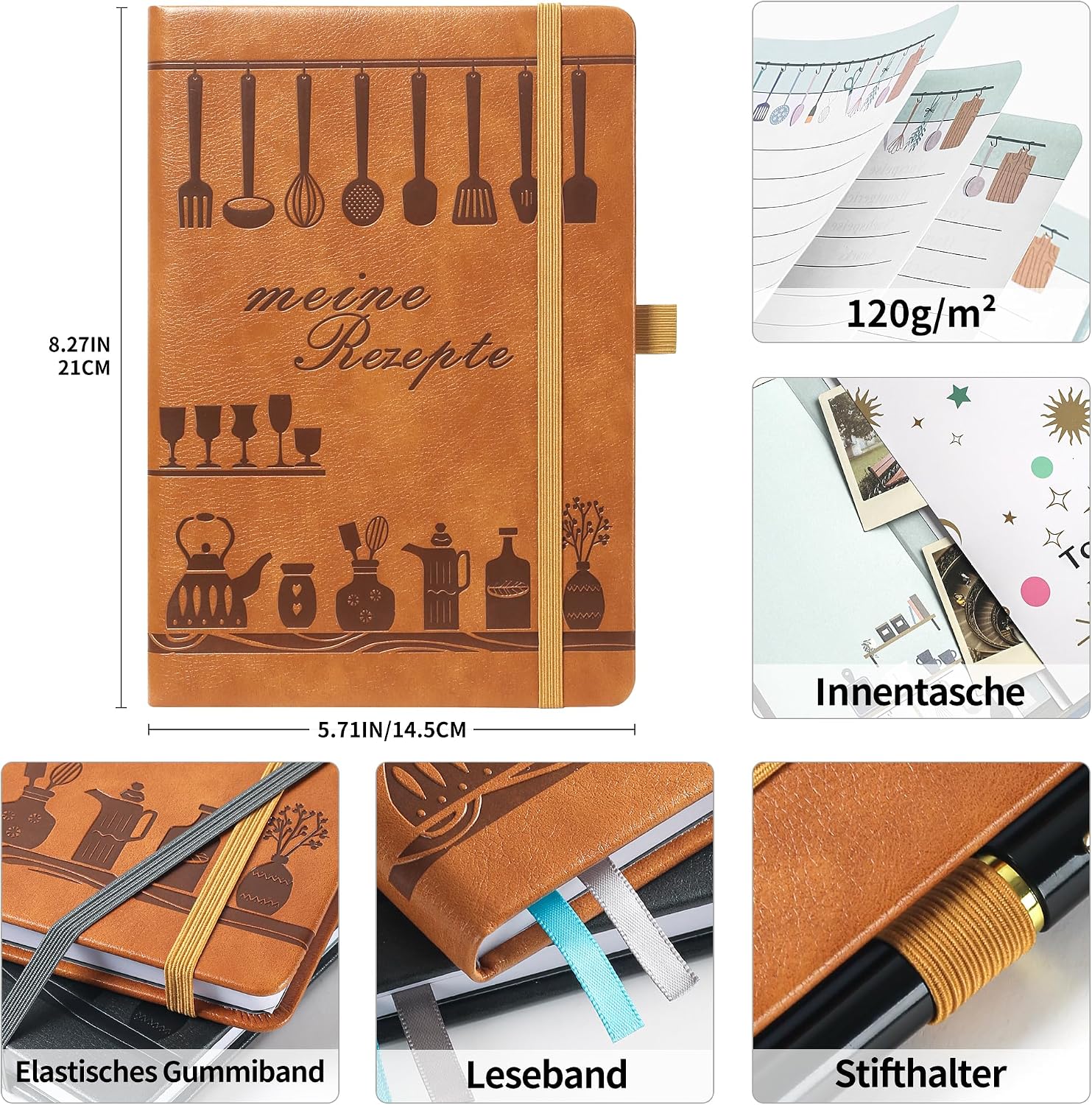 Detalle de Rezeptbuch A5 zum Selberschreiben – Kreatives Koch- & Backbuch mit viel Platz, Register & Inhaltsverzeichnis (Hellbraun)