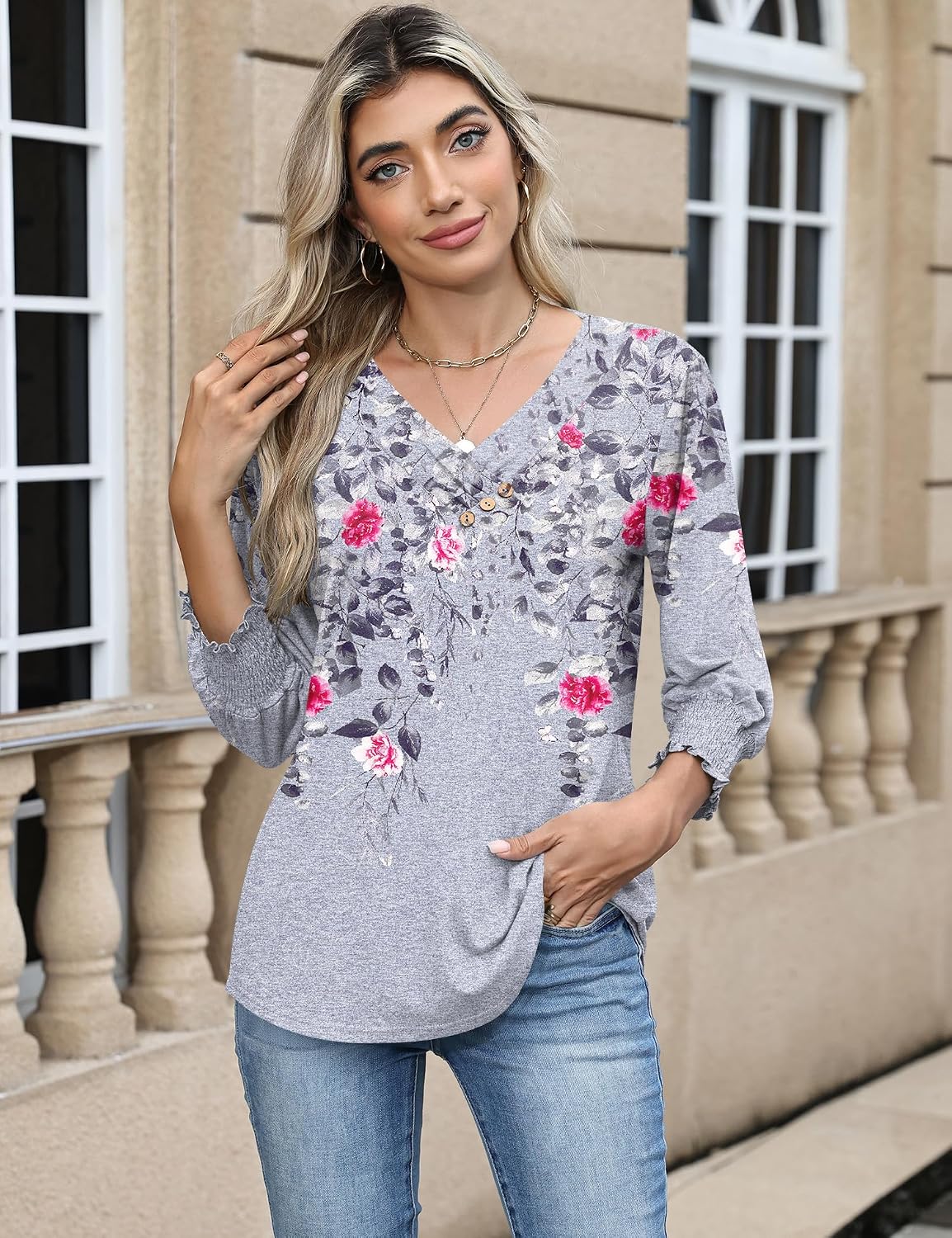 Detalle de Rapbin Damen Bluse mit 3/4-Ärmeln, V-Ausschnitt und Knopfleiste – leichte Tunika für Sommer & Alltag