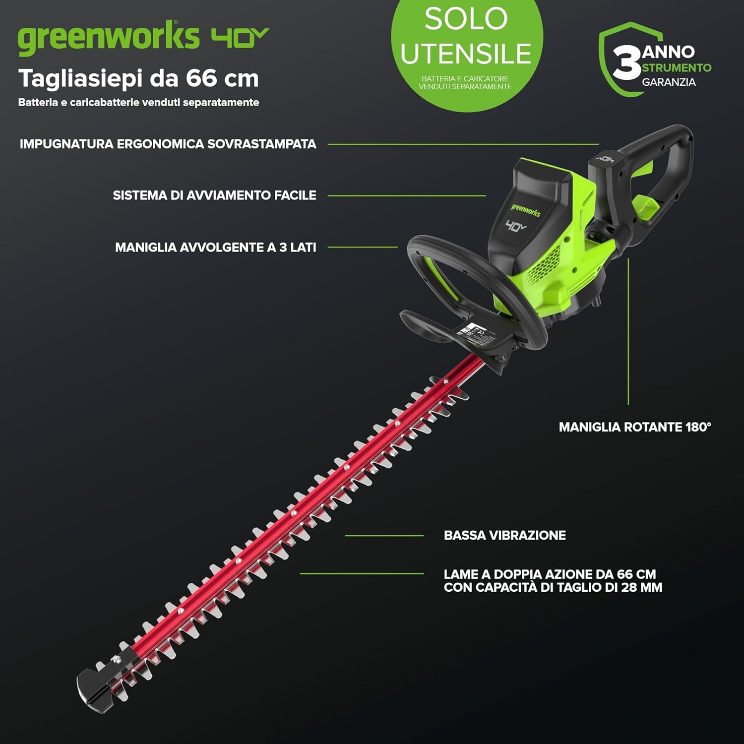 Detalle 2 de Greenworks GD40HT66 Tagliasiepi 66 cm