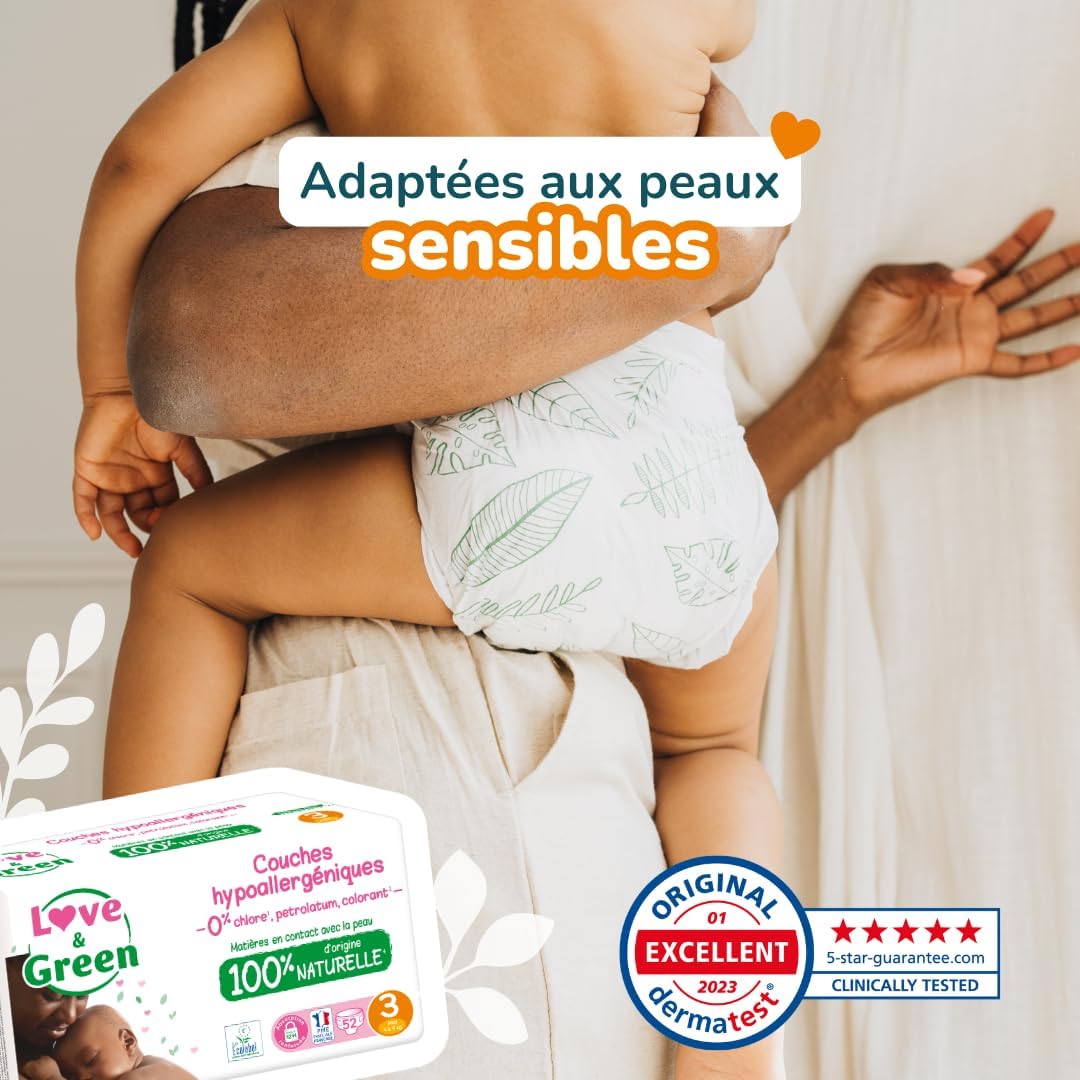 Detalle de Love & Green Couches Bébé Saines et Écologiques – Taille 3 (4-9 kg) – Pack 1 Mois (208 couches)