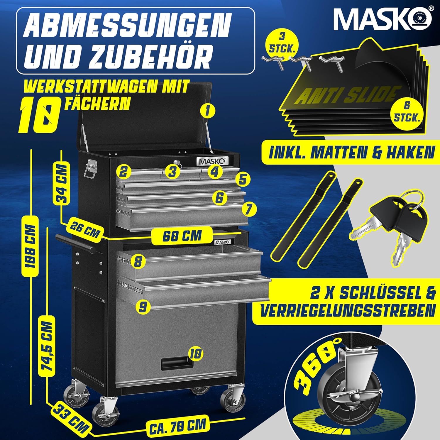 Thumbnail 1 de MASKO Werkstattwagen inkl. Koffer mit 9 Fächern, abschließbar – mobiler Werkzeugwagen aus massivem Metall (Schwarz/Grau)