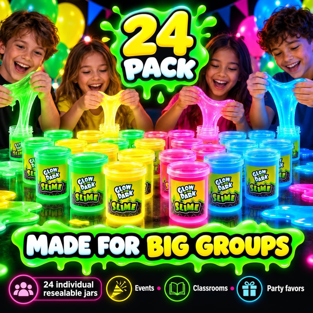 Detalle 2 de Playbees Glow in the Dark Slime Party Favors, 24-Pack Neon Colors
