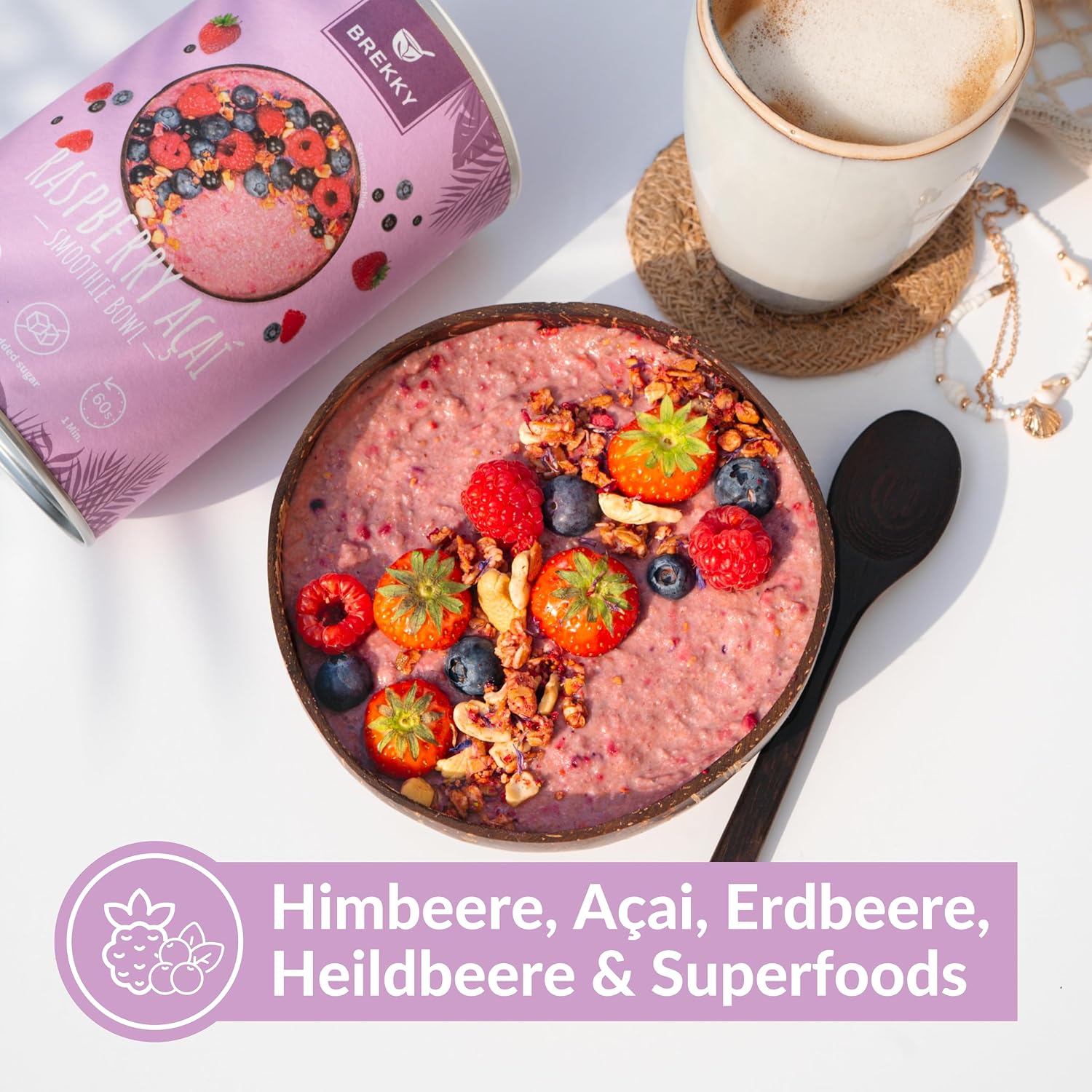 Detalle de BREKKY Himbeere Acai Smoothie Bowl (vegan, 100% natürlich, ohne Zuckerzusatz) – Früchtepulver für die Bowl