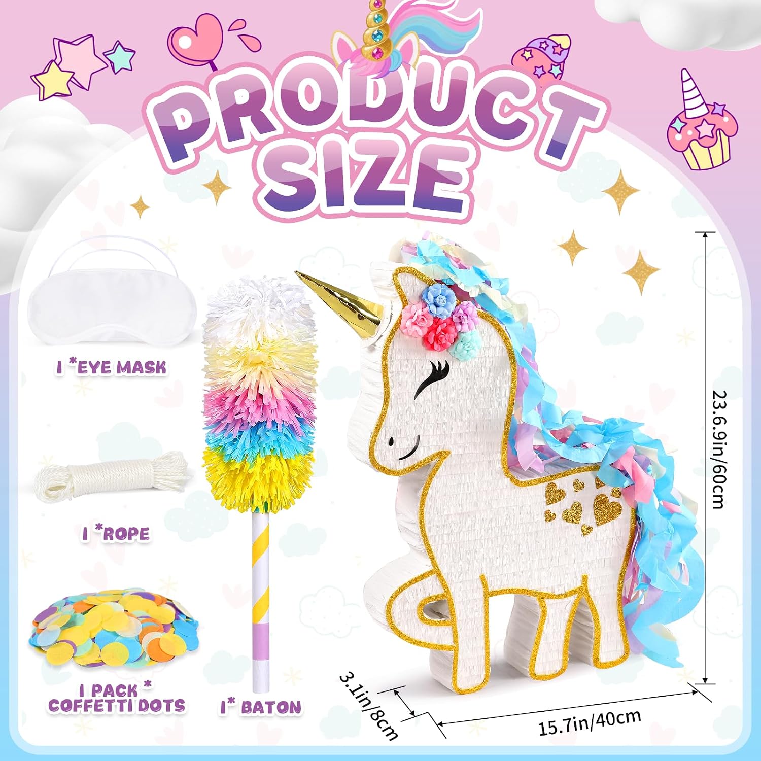 Detalle 2 de 24" Large Rainbow Unicorn Piñata for Birthday Parties — White Magical Unicorn Party Decoration with Gold Horn