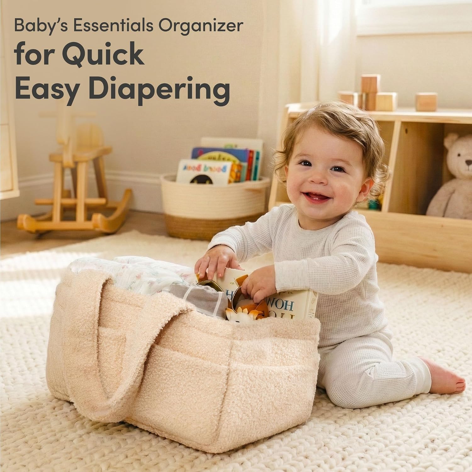 Thumbnail 1 de PUTSKA Fleece Nappy Caddy Organiser – Soft Teddy Fabric Baby Caddy with Handles, Cream