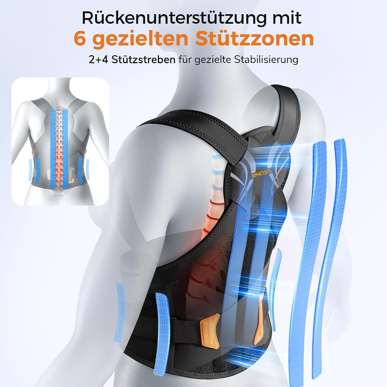 Detalle 2 de WHCOOL Leicht-Passform Rücken Geradehalter – Rückenstützgürtel mit Kreuz-Zuggurte, 6 Stützstäbe und verlängertem Flächenbereich