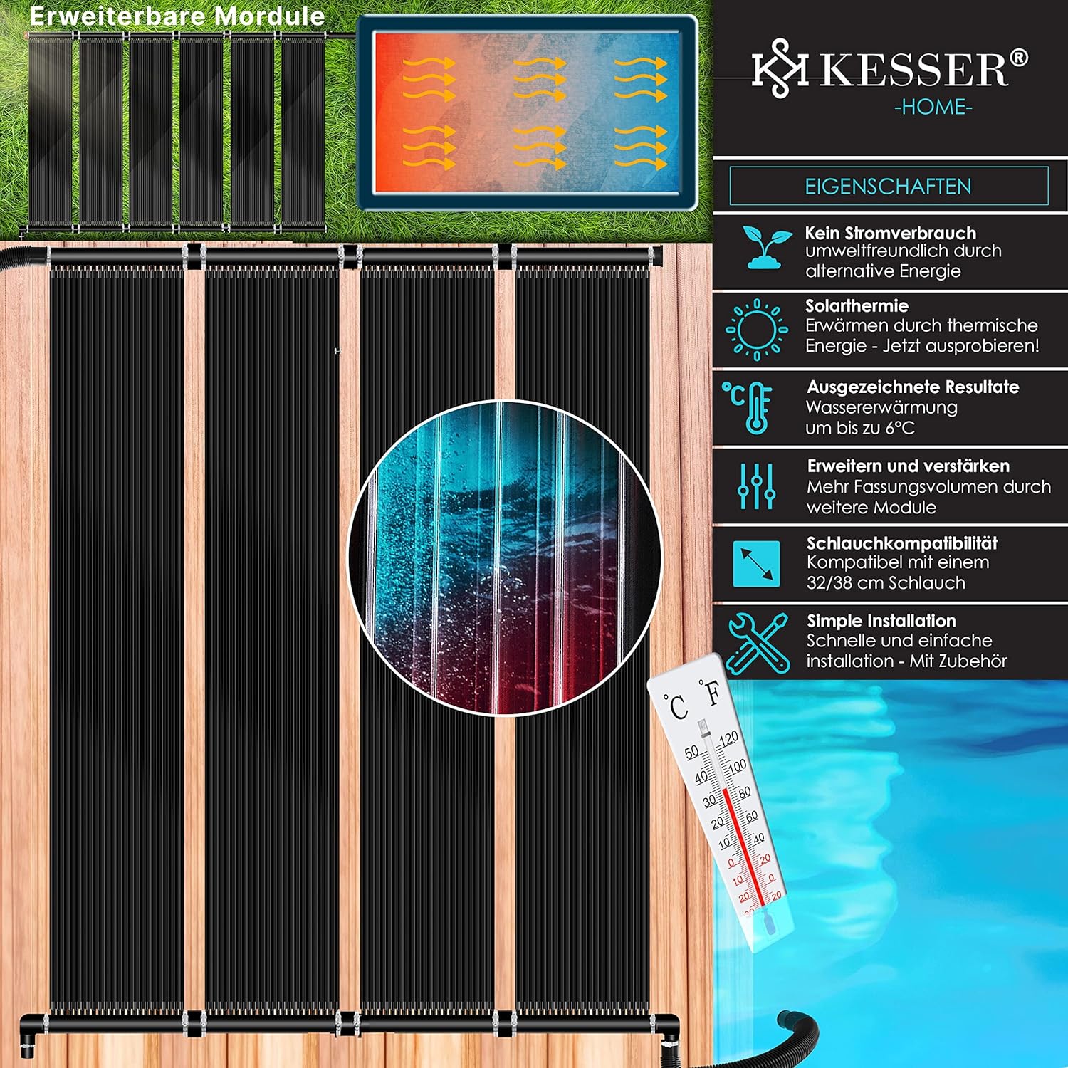 Detalle de KESSER Solarkollektor Poolheizung 300 x 140 cm – Solarheizer für Pools bis 24.000 l, erweiterbares System