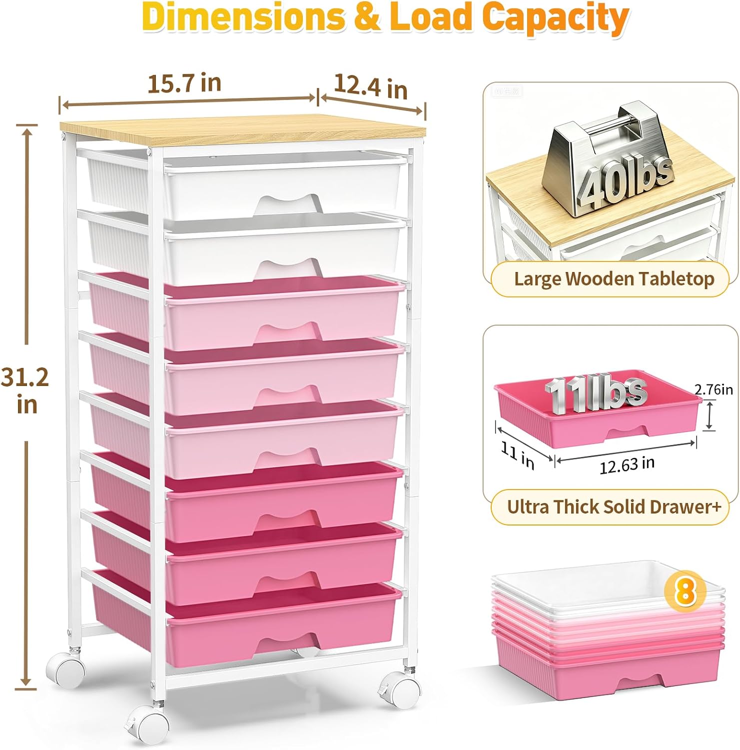 Detalle 2 de SUNALLY SN-SDC08PK 8-Drawer Rolling Storage Cart with Wood Top, Pink