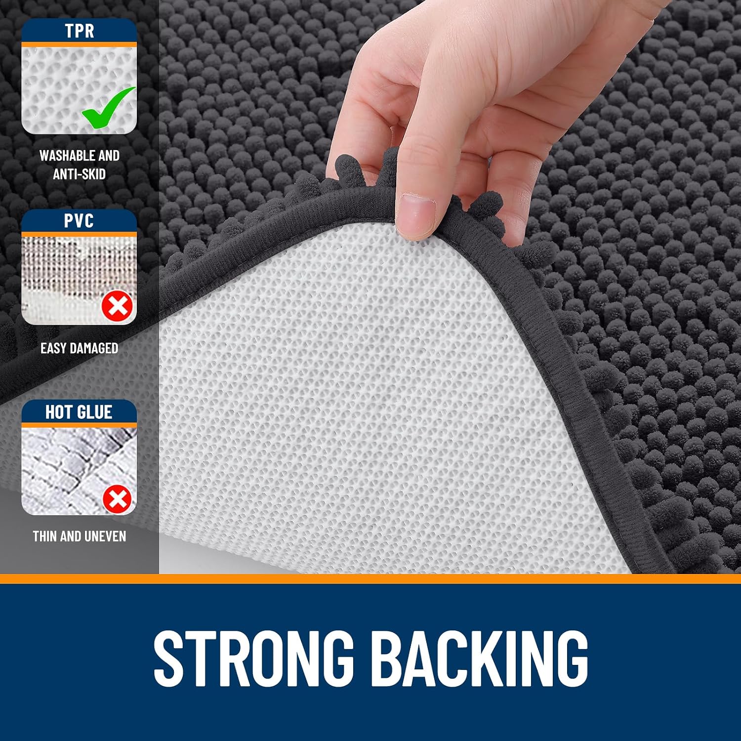 Detalle 2 de OLANLY Bathroom Runner Rug, 40" x 24" Chenille, Dark Gray, Rubber Backing