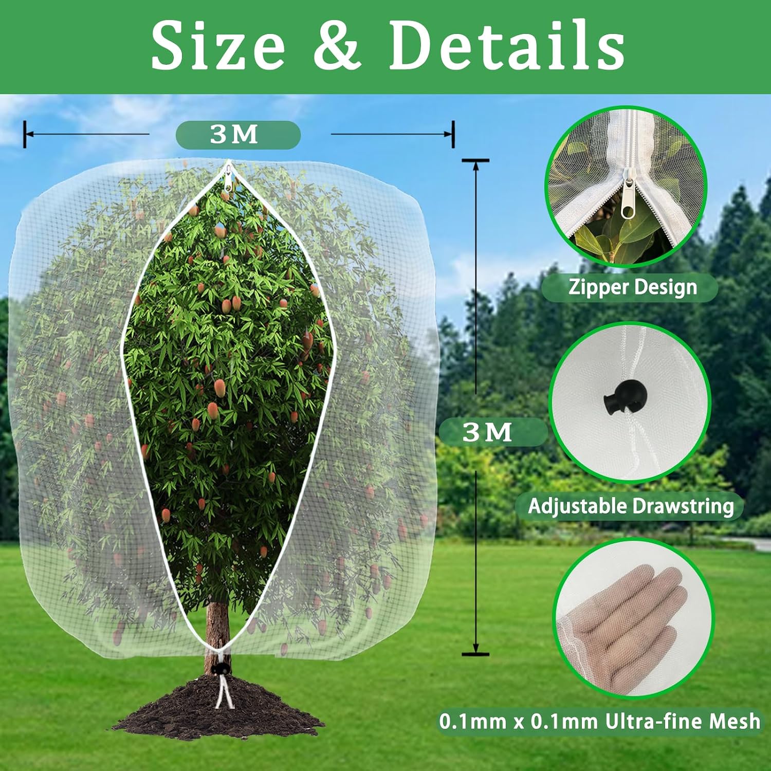 Thumbnail 1 de 2Pack 3x3m Insect Netting Bag with Zipper and Drawstring – Fruit Tree Netting for Protecting Blueberry Flowers and Plants
