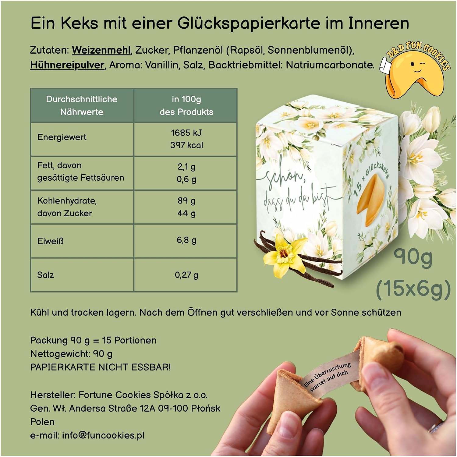 Detalle 2 de Glückskekse Einzeln Verpackt – 15 Stück mit freundlichen Sprüchen in Vanille, ideal als Gastgeschenke