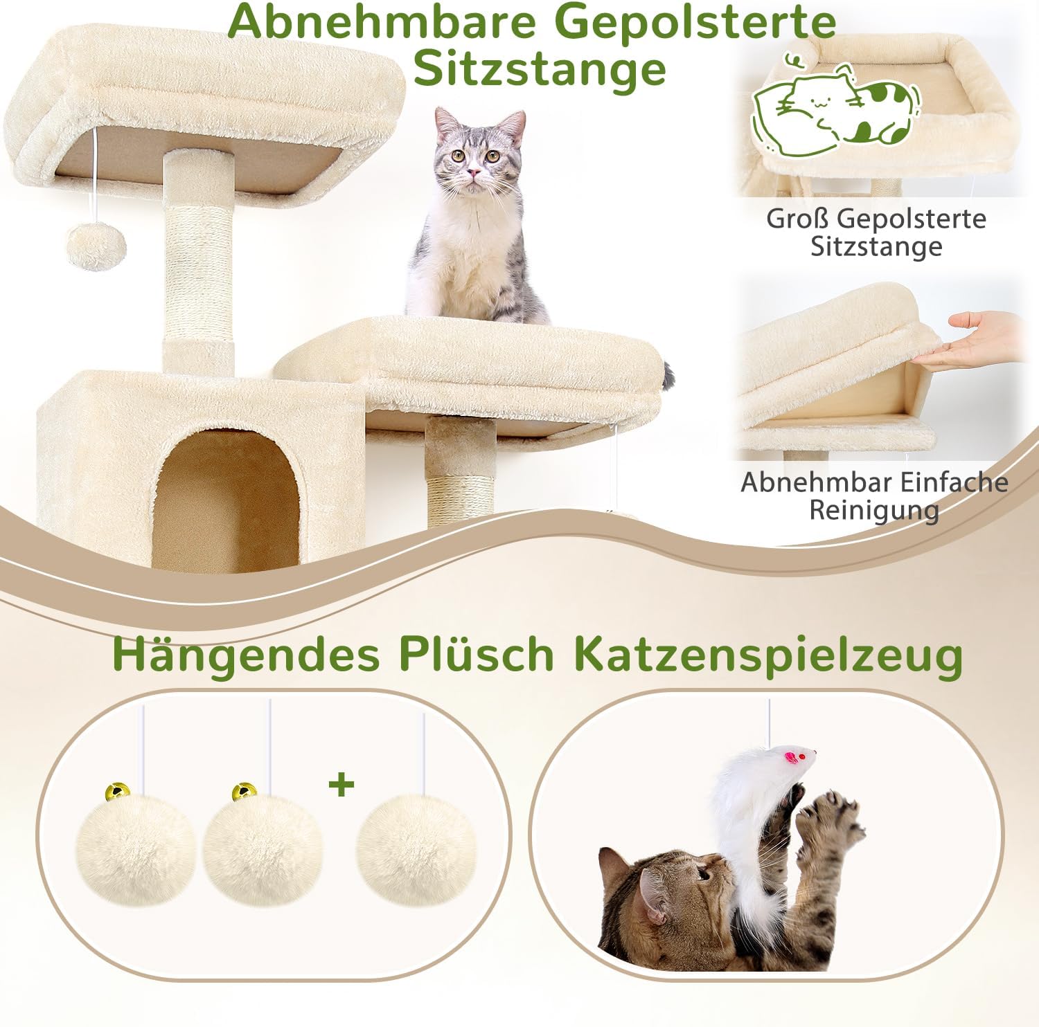 Detalle de Globlazer Kratzbaum Beige XXL 195 cm hoch mit 2 Katzenhäusern, 2 Sitzstangen und großer Hängematte