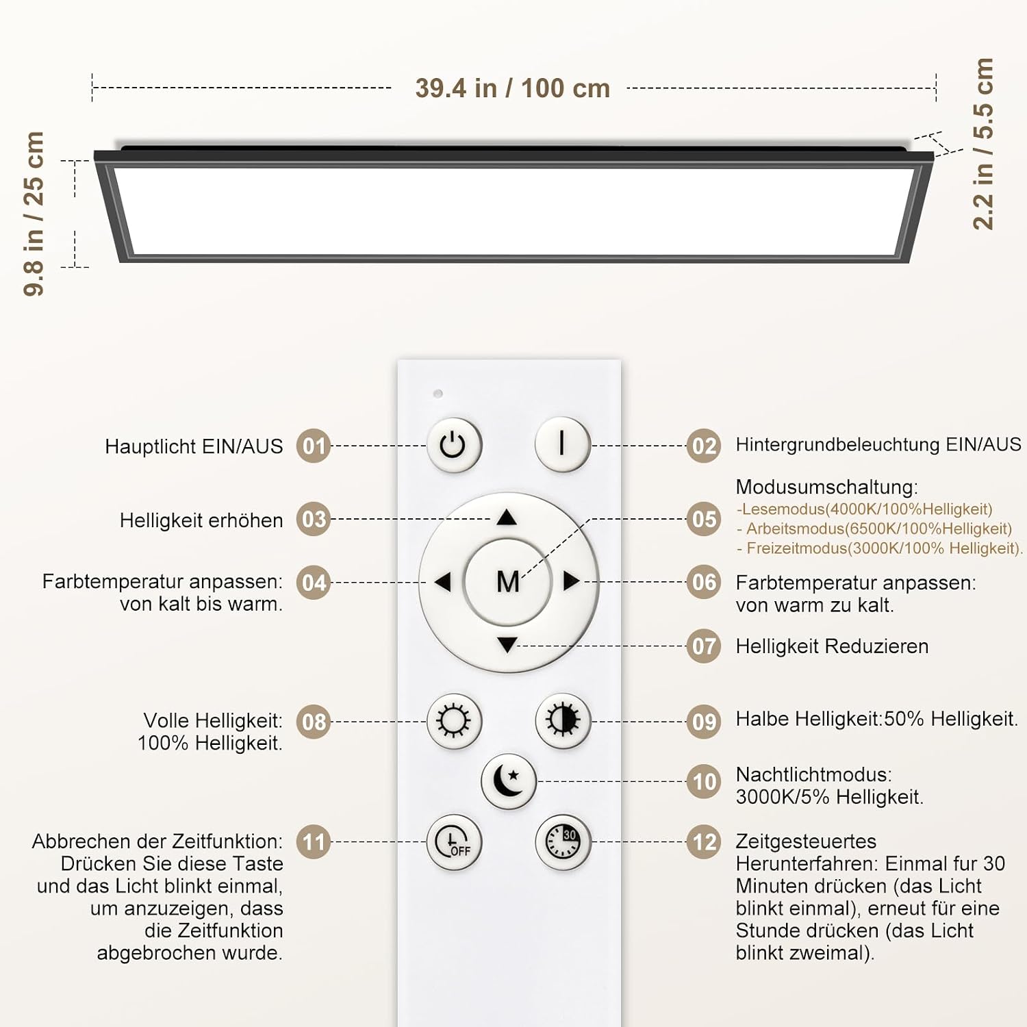 Detalle de LED Deckenleuchte Dimmbar 100x25 cm – Panellampe mit Fernbedienung, 36 W, 3600 lm, 3000–6500 K