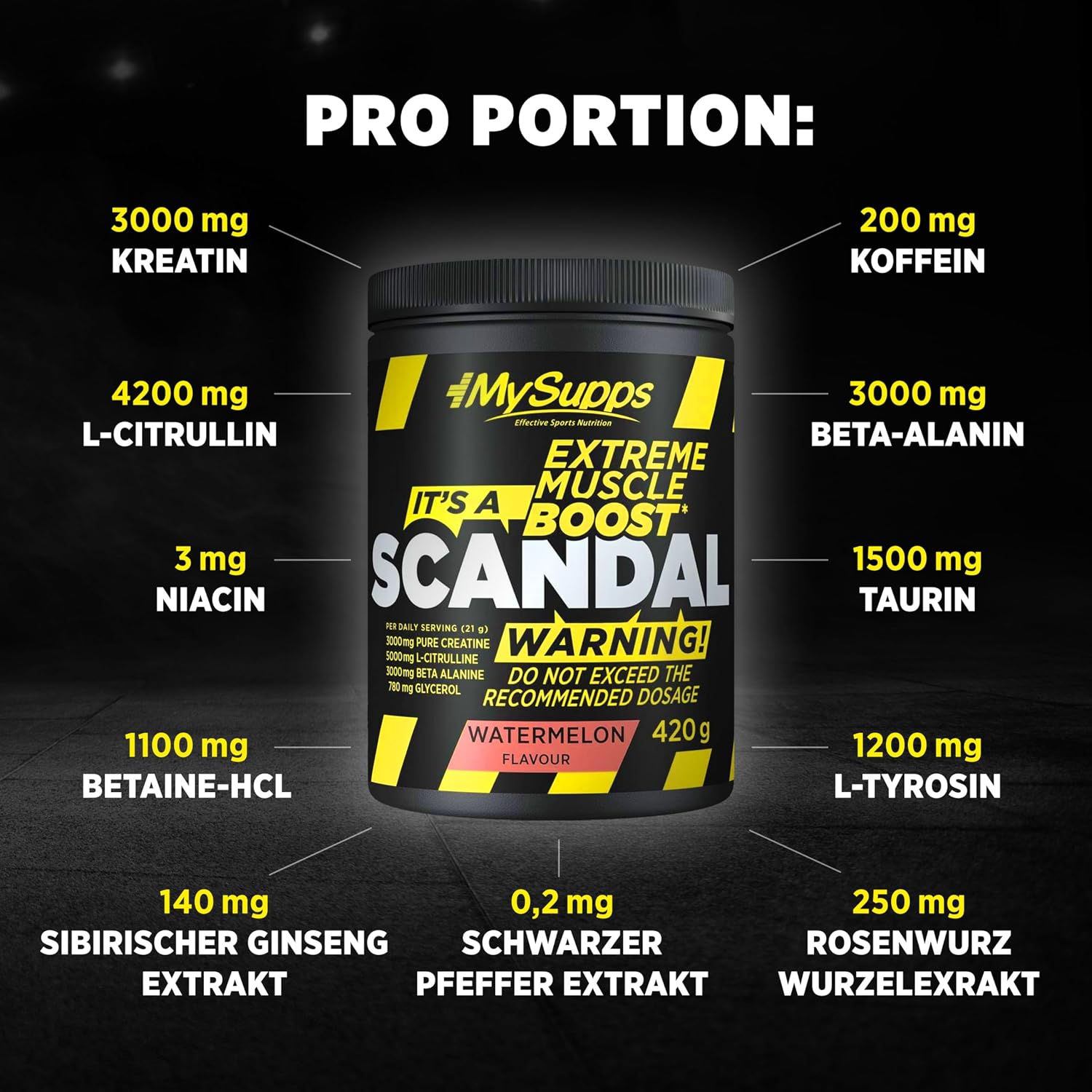 Detalle 2 de My Supps Scandal Extreme Muscle Pre-Workout Booster (Wassermelone) – mit Kreatin, Citrullin, Beta-Alanin & Koffein – 20 Portionen