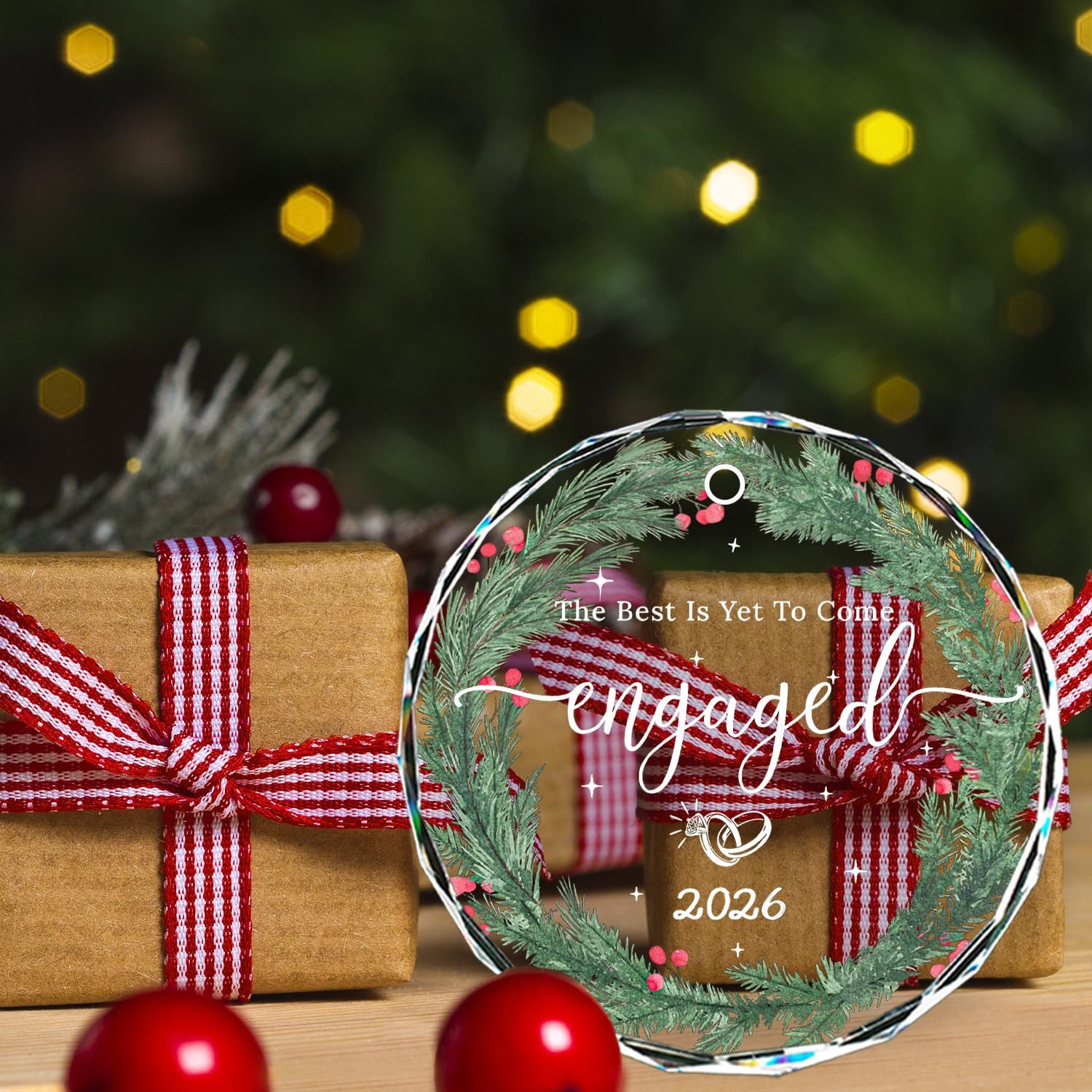 Detalle 2 de Lakatay Glass Engagement Ornament, Round 3.1-Inch Hanging Keepsake