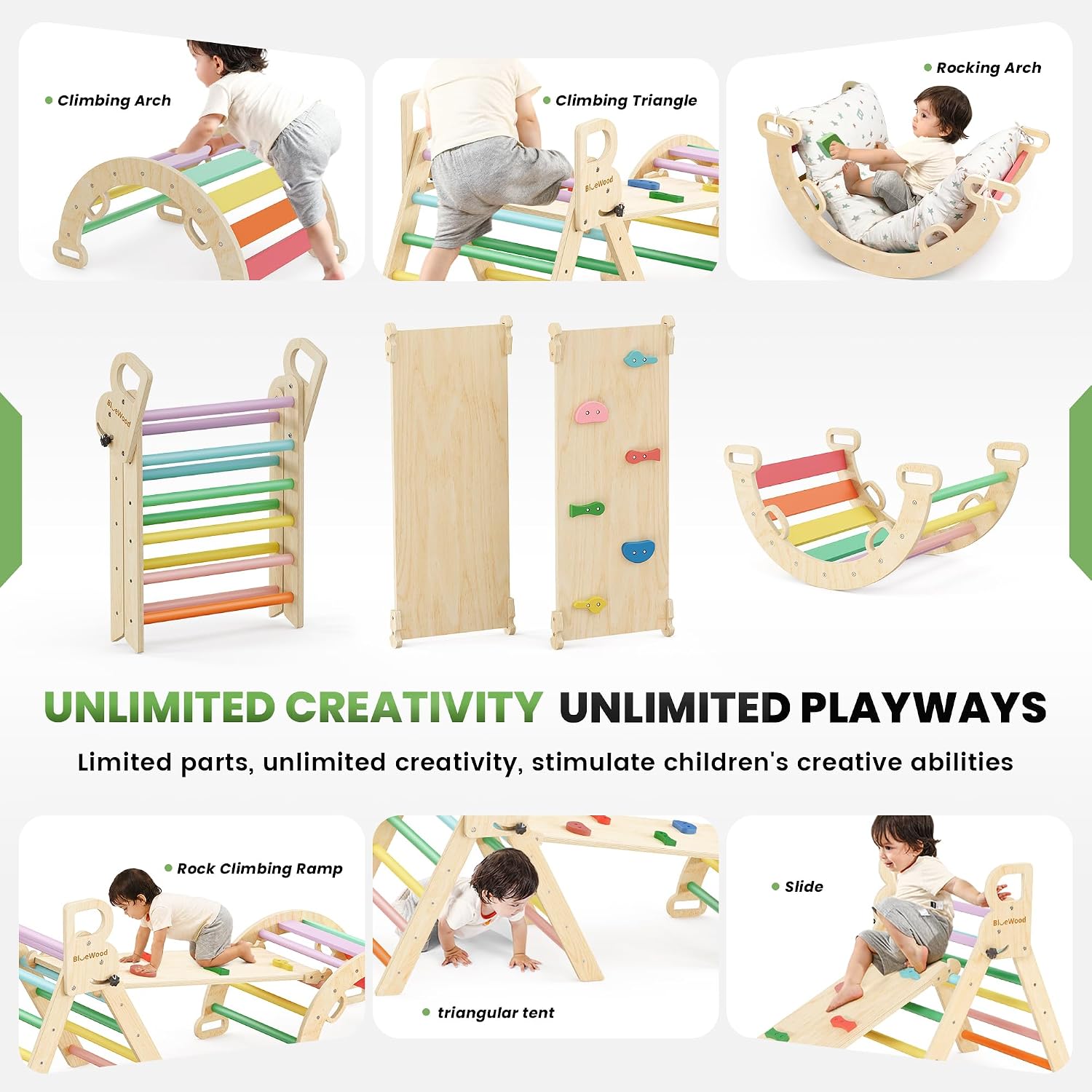 Thumbnail 2 de BlueWood Pikler Triangle Set with Cushion (8-in-1) – Montessori-inspired jungle gym for toddlers