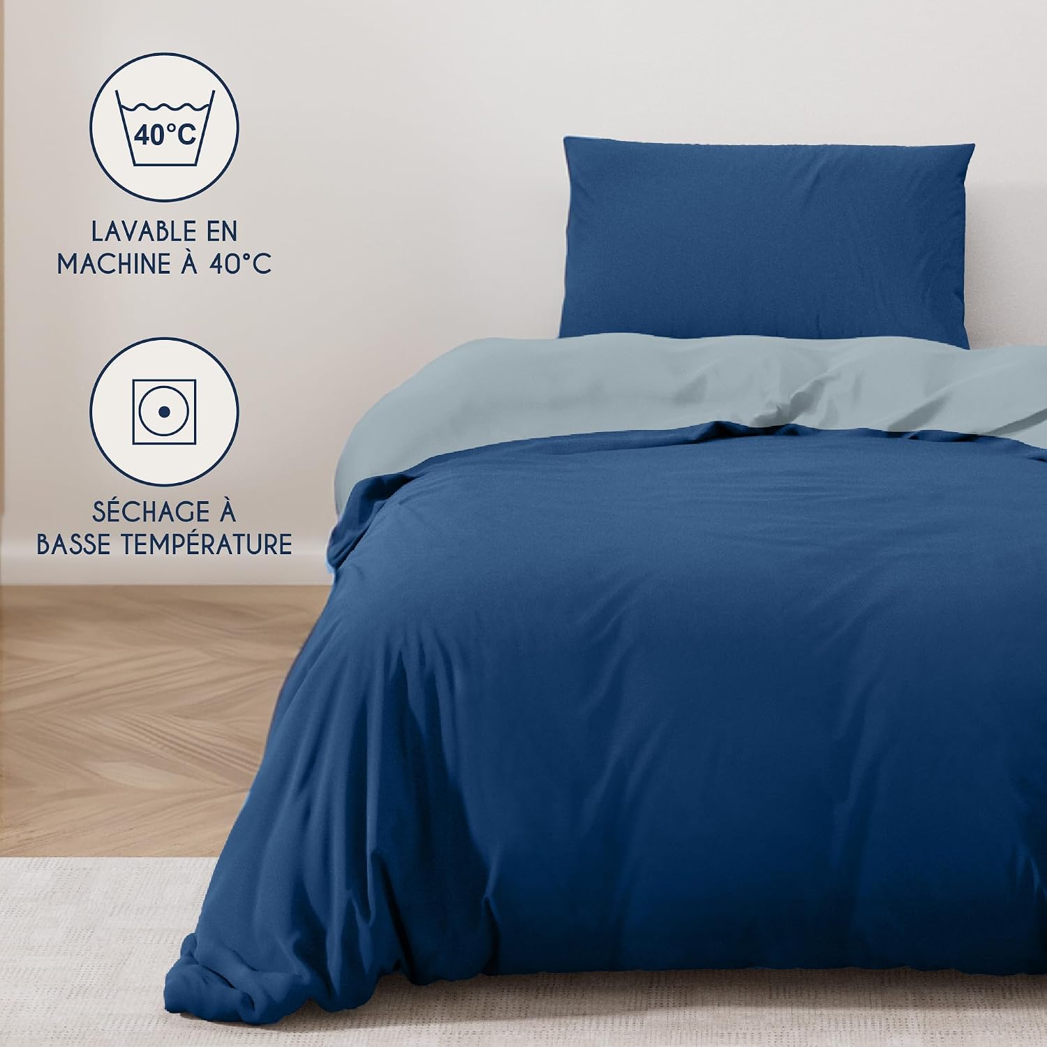 Thumbnail 4 de Dreamzie Housse de Couette 140x200 cm avec Taie Oreiller 65x65 cm – Bleu Foncé/Bleu Gris, Microfibre 100% brossée, Oeko-Tex