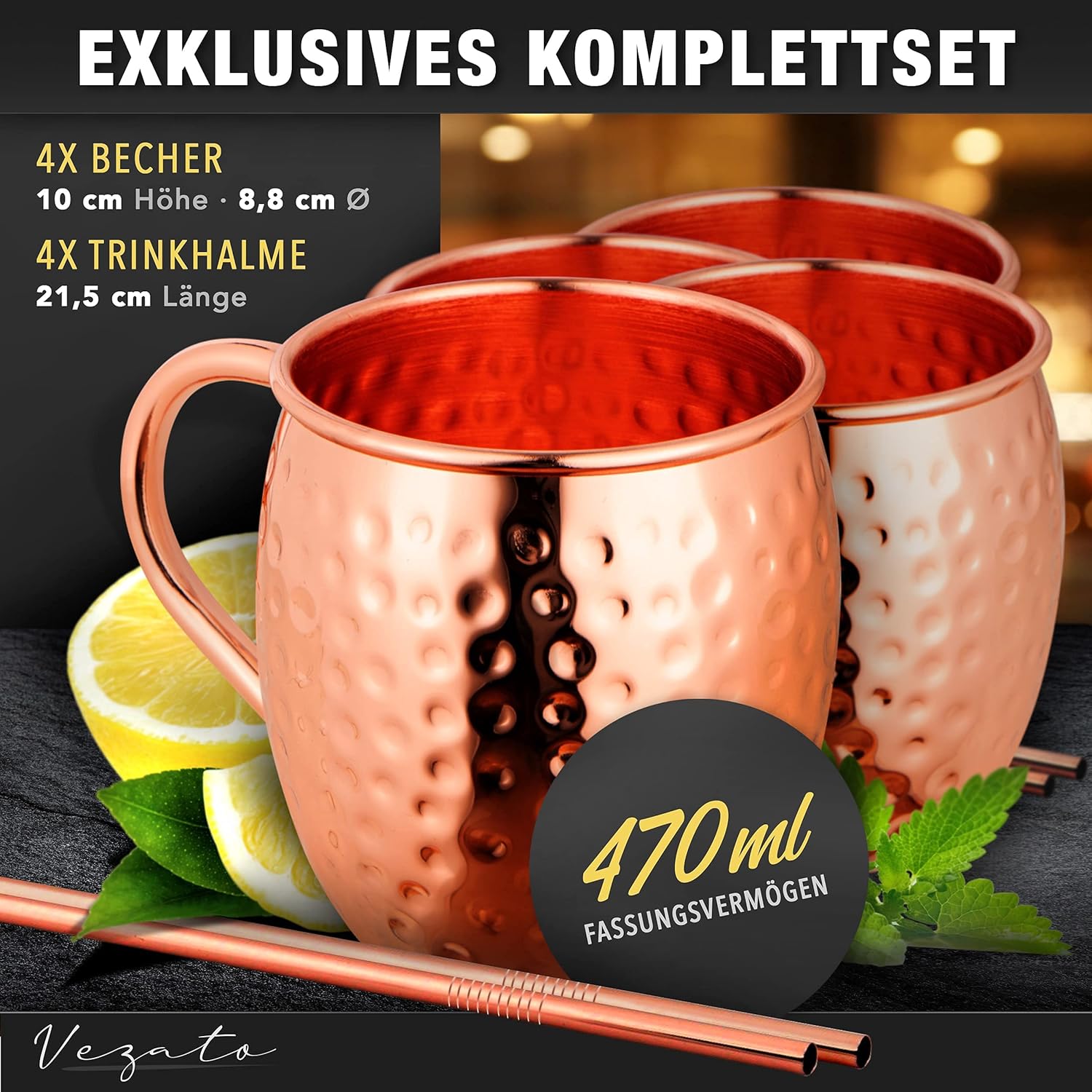 Detalle 2 de Vezato Moscow-Mule-Becher 500 ml – gehämmert, rostfreier Edelstahl mit Kupferbeschichtung, 4er Set inkl. Strohhalmen