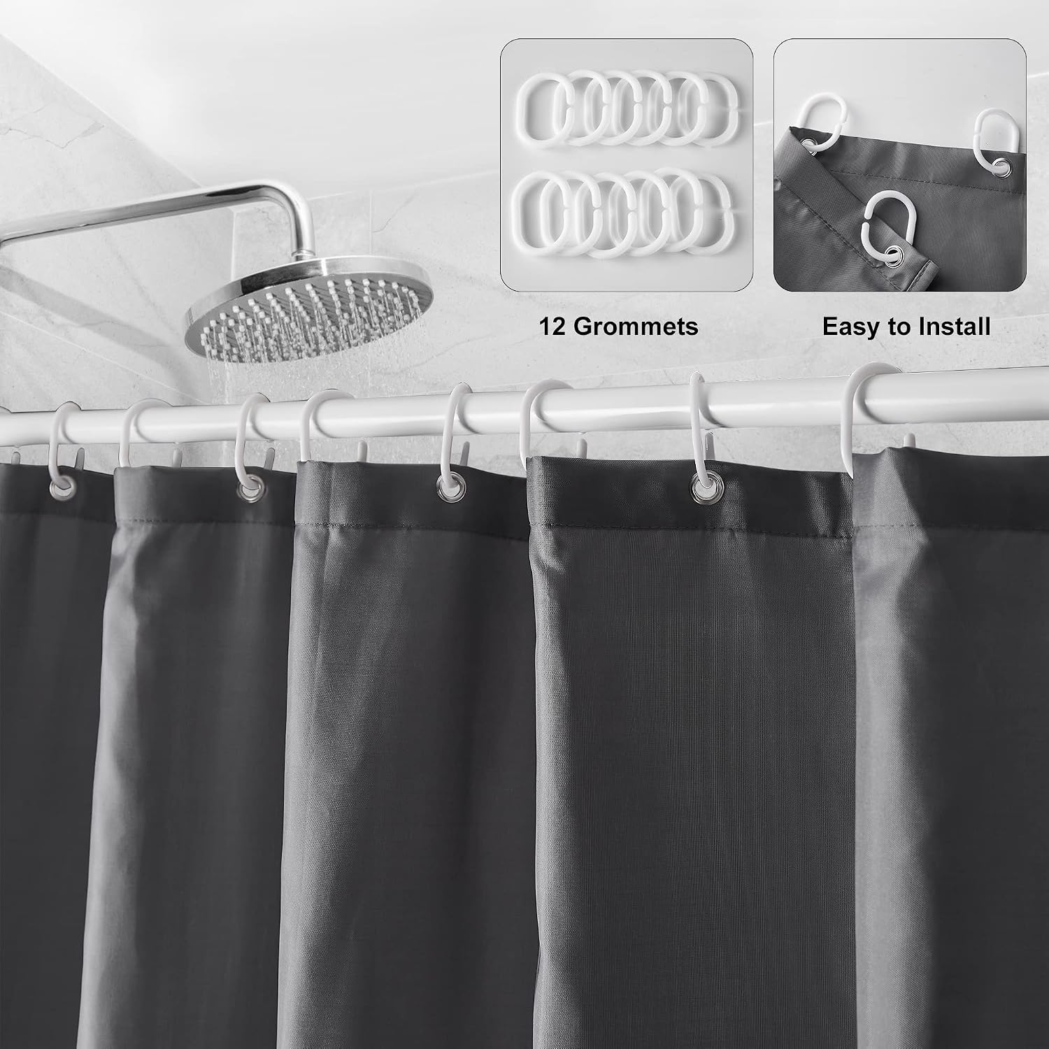 Detalle de DUFU Rideau de douche séchage rapide 180 x 200 cm gris foncé (polyester imperméable, semi-transparent) avec 12 crochets