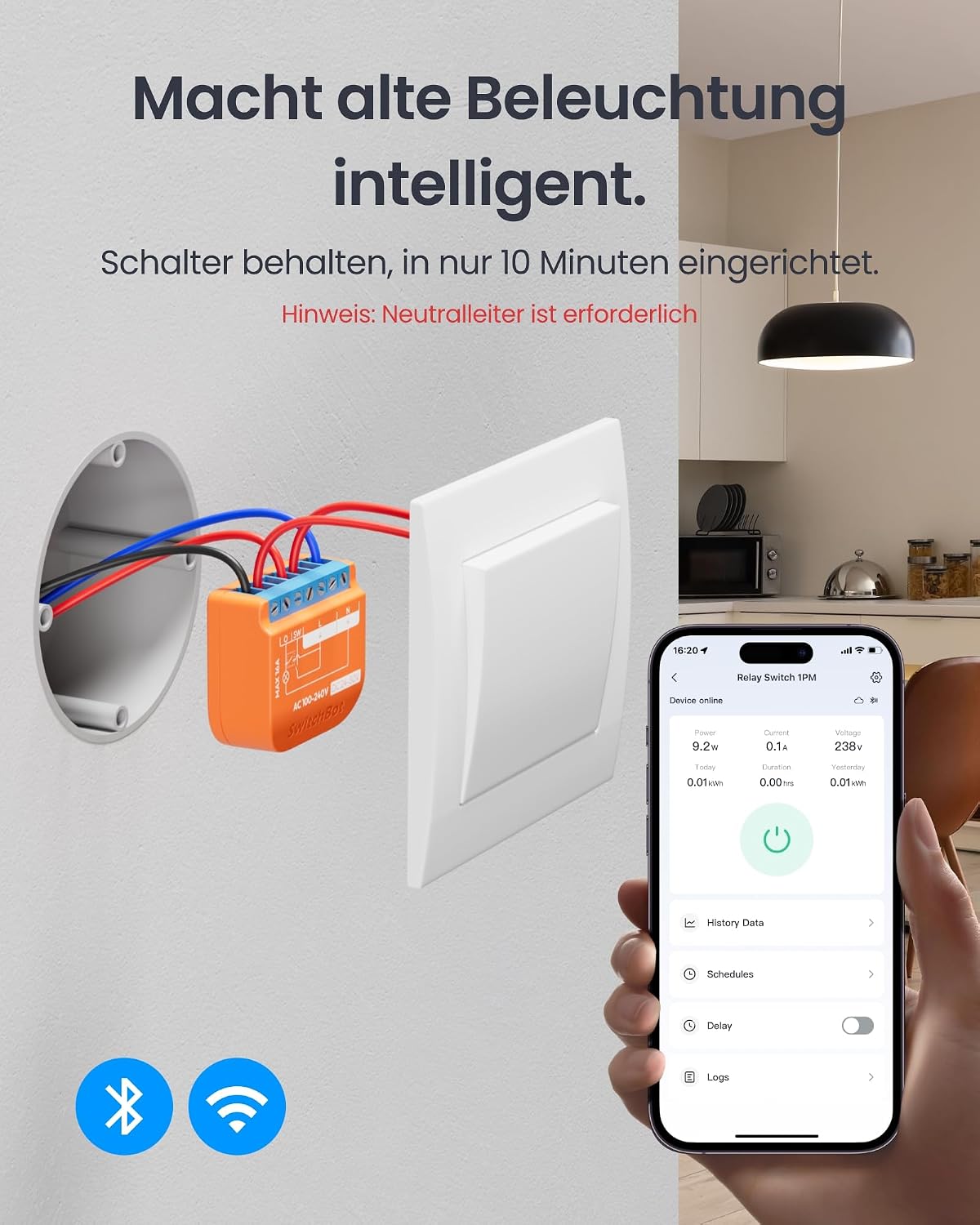 Detalle de SwitchBot Matter Relais Schalter 1PM – WLAN Smart-Relais mit Bluetooth-Repeater für Alexa, Apple Home & Google Home