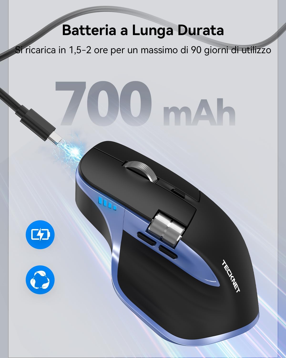 Detalle de TECKNET Mouse Wireless Bluetooth ad Alte Prestazioni: Ergonomico, 4800 DPI, Rotella Orizzontale e Ricarica USB-C